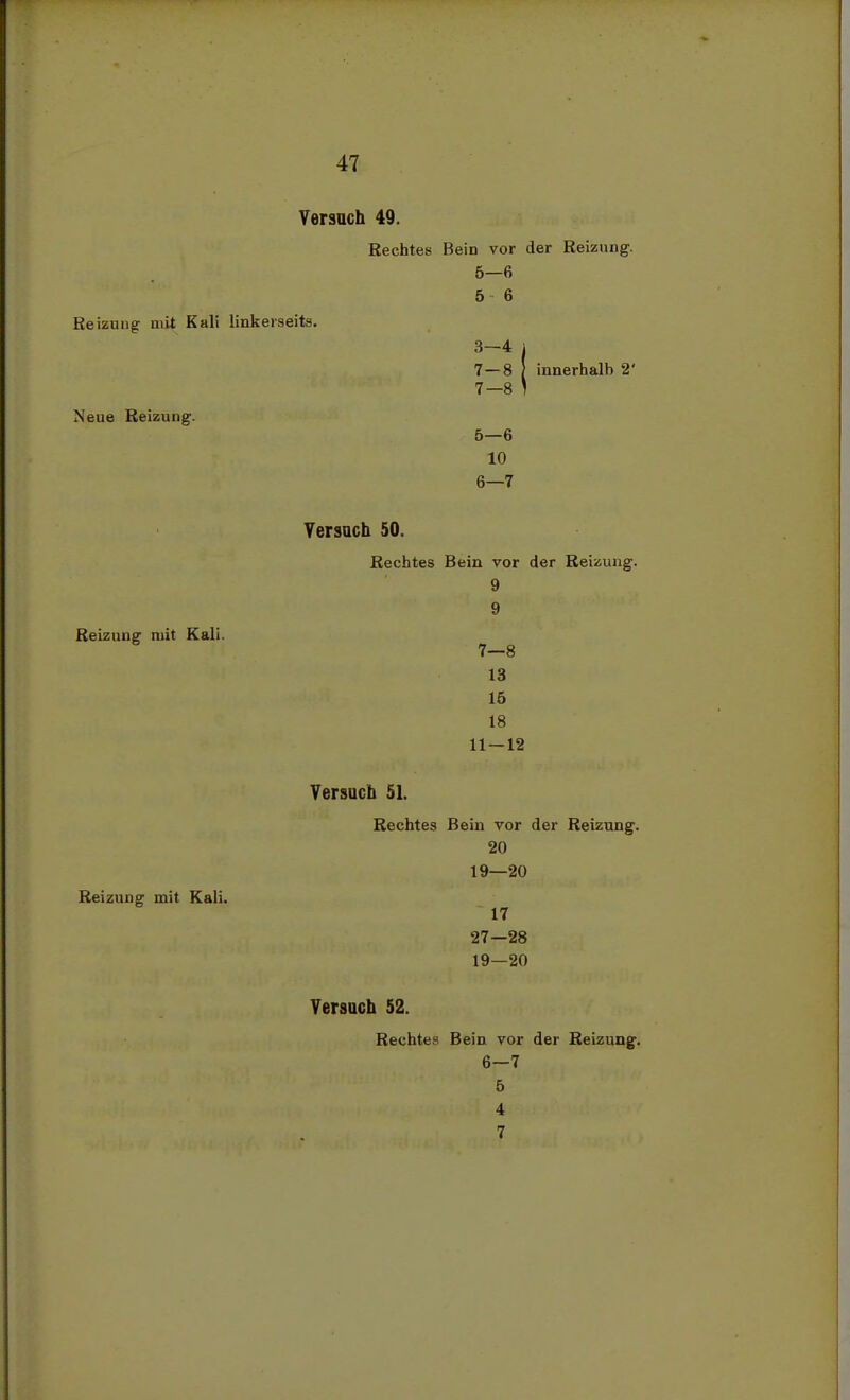 Versuch 49. Rechtes Bein vor der Reizung. 5—6 5 6 Reizung mit Kali linkerseits. 3—4 7—8 } innerhalb 2' 7—8 Neue Reizung. 5— 6 10 6— 7 Reizung mit Kali. Versuch 50. Rechtes Bein vor der Reizung. 9 9 7—8 13 15 18 11 — 12 Reizung mit Kali. Versuch 51. Rechtes Bein vor der Reizung. 20 19—20 17 27—28 19—20 Versuch 52. Rechtes Bein vor der Reizung. 6—7