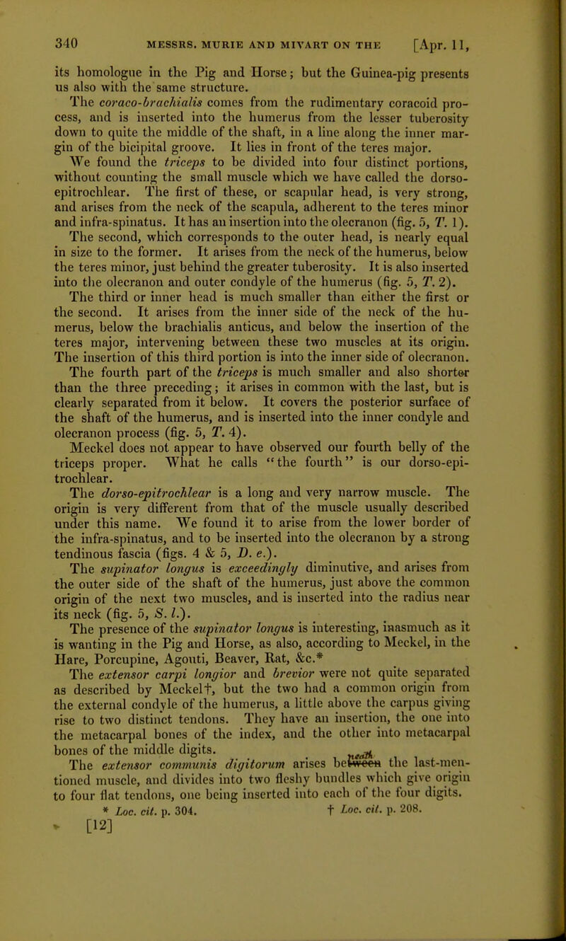 its homologue in the Pig and Horse; but the Guinea-pig presents us also with the same structure. The coraco-brachialis comes from the rudimentary coracoid pro- cess, and is inserted into the humerus from the lesser tuberosity down to quite the middle of the shaft, in a line along the inner mar- gin of the bicipital groove. It lies in front of the teres major. We found the triceps to be divided into four distinct portions, without counting the small muscle which we have called the dorso- epitrochlear. The first of these, or scapular head, is very strong, and arises from the neck of the scapula, adherent to the teres minor and infra-spinatus. It has an insertion into the olecranon (fig. 5, T. 1). The second, which corresponds to the outer head, is nearly equal in size to the former. It arises from the neck of the humerus, below the teres minor, just behind the greater tuberosity. It is also inserted into the olecranon and outer condyle of the humerus (fig. 5, T. 2). The third or inner head is much smaller than either the first or the second. It arises from the inner side of the neck of the hu- merus, below the brachialis anticus, and below the insertion of the teres major, intervening between these two muscles at its origin. The insertion of this third portion is into the inner side of olecranon. The fourth part of the triceps is much smaller and also short&r than the three preceding; it arises in common with the last, but is clearly separated from it below. It covers the posterior surface of the shaft of the humerus, and is inserted into the inner condyle and olecranon process (fig. 5, T. 4). Meckel does not appear to have observed our fourth belly of the triceps proper. What he calls the fourth is our dorso-epi- trochlear. The dorso-epitrochlear is a long and very narrow muscle. The origin is very different from that of the muscle usually described under this name. We found it to arise from the lower border of the infra-spinatus, and to be inserted into the olecranon by a strong tendinous fascia (figs. 4 & 5, D. e.). The supinator longus is exceedingly diminutive, and arises from the outer side of the shaft of the humerus, just above the common origin of the next two muscles, and is inserted into the radius near its neck (fig. 5, S. L). The presence of the supinator longus is interesting, inasmuch as it is wanting in the Pig and Horse, as also, according to Meckel, in the Hare, Porcupine, Agouti, Beaver, Rat, &c* The extensor carpi longior and brevior were not quite separated as described by Meckel t, but the two had a common origin from the external condyle of the humerus, a little above the carpus giving rise to two distinct tendons. They have an insertion, the one into the metacarpal bones of the index, and the other into metacarpal bones of the middle digits. ^ The extensor communis digitorum arises between the last-men- tioned muscle, and divides into two fleshy bundles which give origin to four flat tendons, one being inserted into each of the four digits. * Lac. cit. p. 304. t Loc. cit. p. 208. * [12]