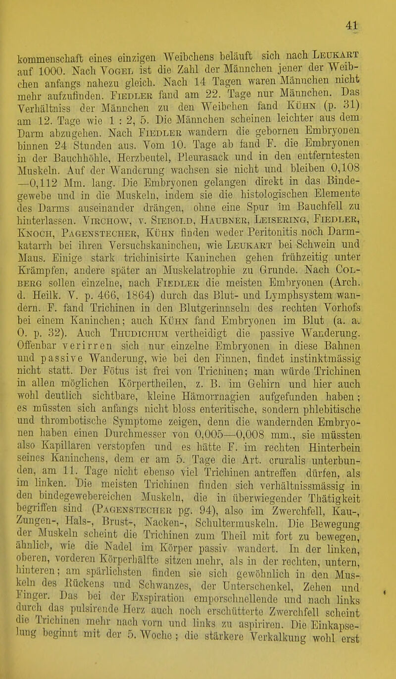 kommeuscliaft eines einzigen Weibchens beläuft sich nach Leukart auf 1000. Nach Vogel ist die Zahl der Mäunclien jener der Weib- chen anfangs nahezu gleich. Nach 14 Tagen waren Männchen nicht mehr aufzufinden. T^iedler fand am 22. Tage nur Männchen. Das Verhältniss der Männchen zu den Weibrhen fand Kühn (p. 31) am 12. Tage wie 1 : 2, 5. Die Männchen scheinen leichter aus dem Darm abzugehen. Nach Fiedler wandern die gebornen Embryonen binnen 24 Stunden aus. Vom 10. Tage ab fand F. die Embryonen in der Bauchhöhle, Herzbeutel, Pleurasack und in den entferntesten Muskeln. Auf der Wanderung wachsen sie nicht und bleiben 0,108 —0,112 Mm. lang. Die Embryonen gelangen direkt in das Binde- gewebe und in die Muskeln, indem sie die histologischen Elemente des Darms auseinander drängen, ohne eine Spur im Bauchfell zu hinterlassen. Virchow, v. Siebold, Haubner, Leisering, Fiedler, Knoch, Pagenstecher, Kühn finden weder Peritonitis noch Darm- katarrh bei ihren Versuchskaninchen, wie Leukart bei Schwein und Maus. Einige stark trichinisirte Kaninchen gehen frühzeitig unter Krämpfen, andere später an Muskelatrophie zu Grunde. Nach Col- BERG sollen einzelne, nach Fiedler die meisten Embryonen (Arch. d. Heilk. V. p. 466, 1864) durch das Blut- und Lymphsystem wan- dern. F. fand Trichinen in den Blutgerinuseln des rechten Vorhofs bei einem Kaninchen; auch Kühn fand Embryonen im Blut (a. a/. 0. p. 32). Auch Thudichum vertheidigt die passive Wanderung. Offenbar verirren sich nur einzelne Embryonen in diese Bahnen und passive Wanderung, wie bei den Finnen, findet instinktmässig nicht statt. Der Fötus ist frei von Tricninen; man würde Trichinen in allen möglichen Körpertheilen, z. B. im Gehirn und hier auch wohl deutlich sichtbare, kleine Hämorrnagien aufgefunden haben; es müssten sich anfangs nicht bloss enteritische, sondern phlebitische und thrombotische Symptome zeigen, denn die wandernden Embryo- nen haben einen Durchmesser von 0,005—0,008 mm., sie müssten also Kapillaren verstopfen und es hätte F. im rechten Hinterbein seines Kaninchens, dem er am 5. Tage die Art. cruralis unterbun- den, am 11. Tage nicht ebenso viel Trichinen antreffen dürfen, als im linken. Die meisten Trichinen finden sich verhältnissmässig in den bindegewebereiclien Muskeln, die in überwiegender Thätigkeit begriffen sind (Paoenstecher pg. 94), also im Zwerchfell, Kau-, Zungen-, Hals-, Brust-, Nacken-, Schultermuskeln. Die Bewegung der Muskeln scheint die Trichinen zum Theil mit fort zu bewegen, ähnlich, wie die Nadel im Körper passiv wandert. In der linken, oberen, vorderen Körperhälfte sitzen mehr, als in der rechten, untern, hinteren; am spärlichsten finden sie sich gewöhnlich in den Mus- keln des Kückens und Schwanzes, der Unterschenkel, Zehen und imger. Das bei der Exspiration emporschnellende und nach links durch das pulsirende Herz auch noch erschütterte Zwerchfell scheint die Trichinen melir nach vorn und links zu aspiriron. Die Eiiikapse- hmg beginnt mit der 5. Woche; die stärkere Verkalkung wohl erst