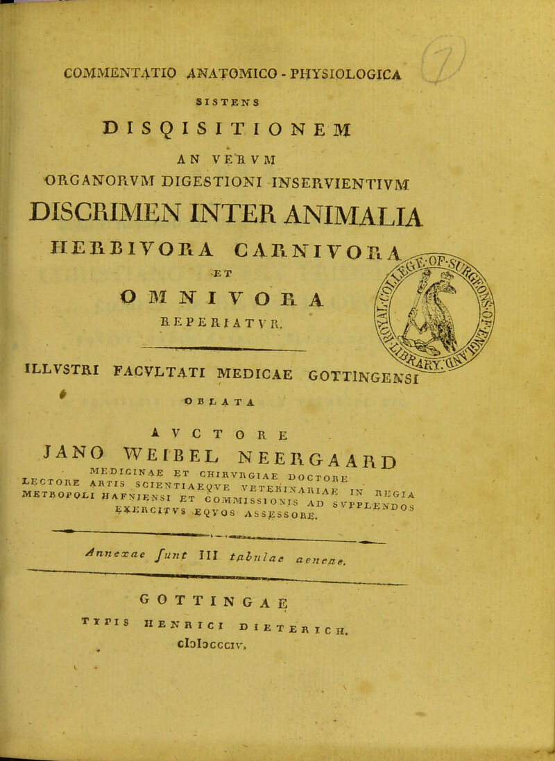 COMMENTATIO ^NATOMICO - PHYSIOLOGICA SISTENS DISQISITIONEM A N V E 'fi V M ORGANOPtVM DIGESTIONI INSERVIENTIVM DISCRIMEN INTER ANIMALIA HERBIVOIiA CARNIVOPiA^p: O M K I V O H A B. E P E R. I A T V R. ILLVSTRI FACVLTATI MEDICAE GOTTlNGENSI « B r, 4. T A A V C T O R E JANO WEIBEL NEERGAARD MEDI.CINAJ2 ET CHIRVI\GIAE DOCTOnr- I^ECTOKE ARTIS SCIENTIAEQVE V T ^^111°^ \ ^ ^ METHO.pr,I HAENIENSI ET COMMISS.r^^I^^L 3VPPX.E^n'^ ^nn^xae fujit III tfihnlae a e 7t efi e. GOTTINGAE TTPIS HEKRICI DIETERICH. clDlaccciv,