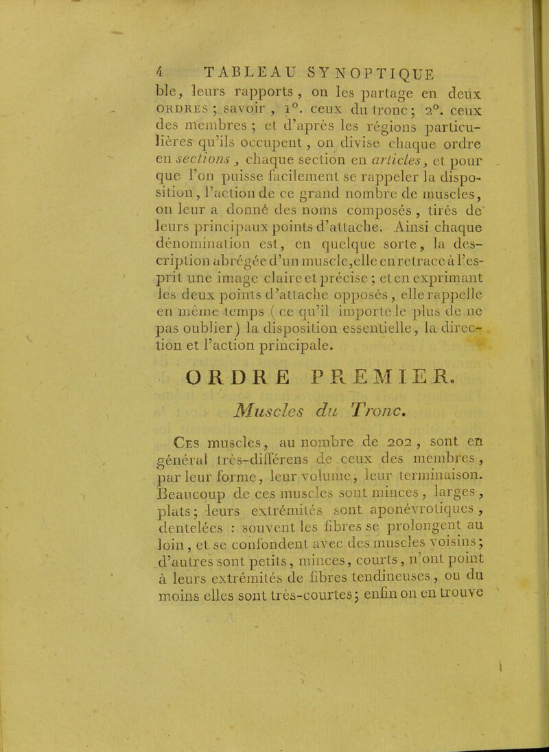 ble, leurs rapports, on les partage en deux ordres; savoir , i°, ceux du tronc; 2®. ceux des membres ; et d’après les régions particu- lières qu’ils occupent, on divise chaque ordre en sections , chaque section en cirùcLes, et pour que l’on puisse facilement se rappeler la dispo- sition , l’action de ce grand nombre de muscles, 011 leur a donné des noms composés , tirés de leurs principaux points d’attache. Ainsi chaque dénomination est, en quelque sorte, la des- cription abrégée d’un muscle,elle en retrace à l’es- prit une image claire et précise ; et en exprimant les deux points d’attache opposés, elle rappelle en même temps ( ce qu’il importe le plus de ne pas oublier) la disposition essentielle, la direc- tion et l’action principale. ORDRE PREMIER. J- Muscles du Tronc, Ces muscles, au nombre de 202 , sont en général très-différens de ceux des membres , par leur forme, leur volume, leur terminaison. Beaucoup de ces muscles sont minces , larges , plats ; leurs extrémités sont aponévrotiques , dentelées ; souvent les libres se prolongent au loin, et se confondent avec des muscles voisins; d’autres sont petits, minces, courts, n’ont point à leurs extrémités de fibres tendineuses, ou du moins elles sont très-courtes; enfin on en trouve