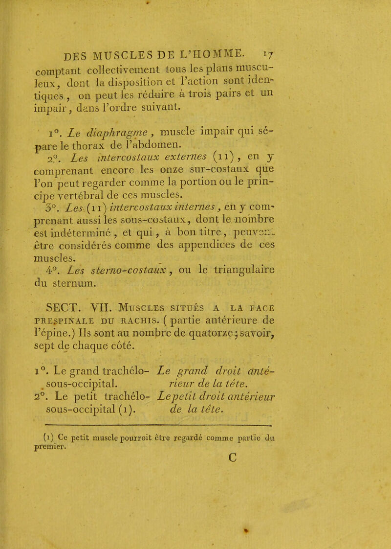 comptant collectivement tous les plans muscu- leux, dont la disposition et l’action sont iden- tiques , 011 peut les réduire à trois pairs et un impair, dans l’ordre suivant. ' 1°. Zé? diaphragme, muscle impair qui sé- pare le thorax de l’abdomen. 2°. Les intercostaux externes (11) , en y comprenant encore les onze sur-costaux que l’on peut regarder comme la portion ou le prin- cipe vertébral de ces muscles. 3°. Les.{i 1) intercostaux internes, en y com- prenant aussi les sous-costaux, dont le nombre est indéterminé , et qui, à bon titre, peuveUo être considérés comme des appendices de ces muscles. 4®. Les sterno-costaux, ou le triangulaire du sternum. SECT. VII. Muscles situés a la face PRESPINALE DU RACHIS. ( partie antérieure de l’épine.) Ils sont au nombre de quatorze^ savoir, sept de chaque côté. 1°. Le grand trachélo- Le grand droit anté- _ sous-occipital. rieur de La tête. 2°. Le petit trachélo- Le petit droit antérieur sous-occipital (1). de la tête. (1) Ce petit muscle pourroit être regardé comme partie du premier. c