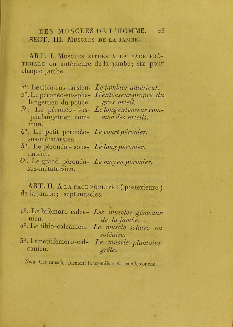 SECT. III. Muscles de la jambe. ART. I. Muscles situés a la face pré- tibiale ou antérieure chaque jambe. 1 °. Le tibio- sus-tarsien. 2°. Le péronéo-sus-pha- langettien du pouce. 3°. Le péronéo - sus- phalangettien com- mun. 4°. Le petit péronéo- sus-métatarsien. 5^. Le péronéo - sous- tarsien. 6°. Le grand péronéo- sus-métatarsien. ^ delà jambe; six pour Lejamhier antérieur. U extenseur propre du gros orteil. Le long extenseur com- mun des orteils. Le court péronier. Le long péronier. Le moyen péronier. ART. IL A LA FACE POPLITÉE ( postérieure ) de la jambe; sept muscles. 1^. Le bifémoro-calca- Les muscles gémeaux i^icn. de la jamhe. . Le tibio-calcanien. Le muscle solaire ou soléaire. 3°. Lepetitfémoro-cal- Le muscle plantaire canien. grêle. Nota, Ces muscles forment la première et seconde coucEe.
