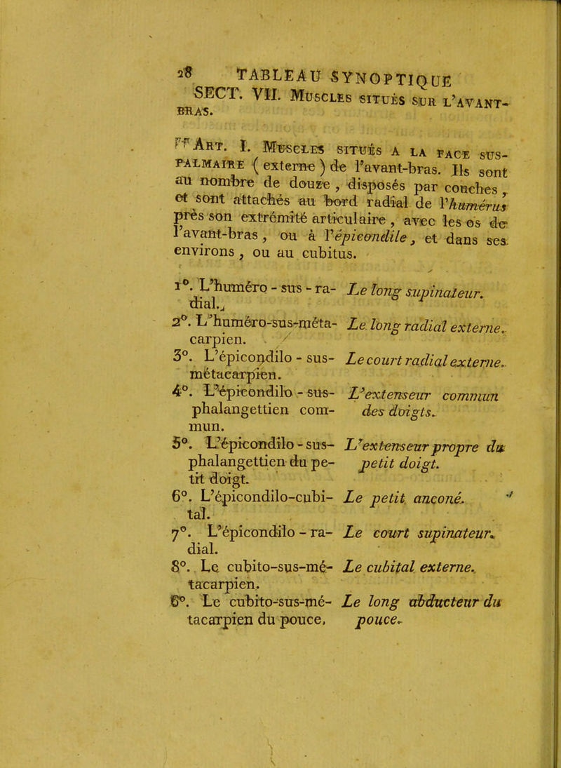 5ECT. Vil. Muscles situés sur l’avant- bras. F’^'Art. I. Muscles situés a la face sus- palmaire ( externe ) de Favant-bras. Us sont au nomb-re de douze , disposés par conehes et sont attachés au bord radial de Vhumérus son extrémité artkulaire , avec les os der 1 avant-bras, ou à VépieondUe, et dans ses, environs, ou au cubitus. ^ I . L hrnnéro - sus - ra- I^e long supinateur» diRi. J 2^. L< humbro-sus-meta- Le. long radial externe.- carpien. . ' 3°. pépico^ilo - sus- Le court radial externe.- métacarpien. 4°. Îj'épicondilo - sus- I/exteTuseui' commun phalangettien coni- des doigts. mun. 5®. L^épicondilo - sus— extenseur propre dit phalangettien- du pe- petit doigt. tit doigt. • ' 6°. L’épicondilo-cubi- Le petit, anconé. tal. 7°. L’épîcondilo - ra- Le court supinateur^ dial. 8°. Le enbito-sus-mé- Le cubital, externe.. tacarpien. 6^. Le cubito-sus-^mé- Le long cdrduttenr du tacarpien du pouce. police^