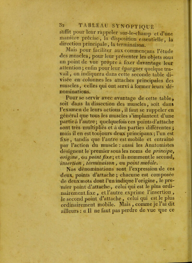 slillît pour leur rappeler sur-le-champ et d’une manière piécise, la disposition essentielle, la direction principale, la terminaison. Mais pour faciliter aux commençans l’étude des muscles, pour leur présenter les objets sous un point de vue propre à fixer davantage leur attention ; enfin pour leur épargner quelque tra- vail , on indiquera dans cette seconde table di- visée en colonnes les attaches principales des muscles, celles qui ont servi à former leurs dé- nominations. Pour se servir avec avantage de cette table, soit dans la dissection des muscles, soit dans l’examen de leurs actions, il faut se rappeler en général que tous les muscles s’implantent d’une partie à l’autre ; quelquefois ces points d’attache sont très -multipliés et à des parties différentes ; mais il en est toujours deux principaux ; l’un est fixe, tandis que l’autre est mobile et entraîné par l’action du muscle : aussi les Anatomistes désignent le premier sous les noms de principe, origine, ou point fixe ; et ils nommentle second, insertion, terminaûon, ou point mobile. Nos dénominations sont l’expression de ces deux points d’attache ^ chacune est composée de deux mots dont l’un indique l’origine, le pre- mier point d’attache, celui qui est Je plus ordi- nairement fixe , et l’autre exprime l’insertion , le second point d’attache , celui qui est le plus ordinairement mobile. Mais , comme je l’ai dit ailleurs ; (( Il ne faut pas perdre de vue que ce