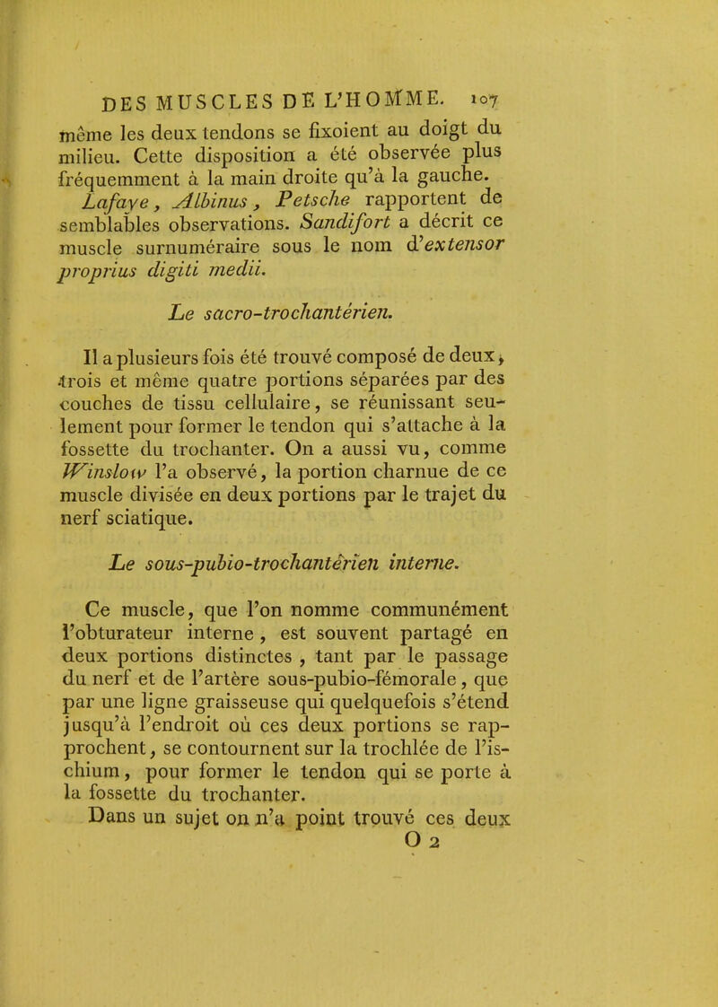même les deux tendons se fixoient au doigt du milieu. Cette disposition a été observée plus fréquemment à la main droite qu’à la gauche. Lafaye, ALbinus, Petsclie rapportent de semblables observations. Sanclifort a décrit ce muscle surnuméraire sous le nom à^extensor propi'ius digiti medii. Le sacro-trocliantérien. Il a plusieurs fois été trouvé composé de deux > •trois et même quatre portions séparées par des couches de tissu cellulaire, se réunissant seu- lement pour former le tendon qui s’attache à la fossette du trochanter. On a aussi vu, comme JVindow l’a observé, la portion charnue de ce muscle divisée en deux portions par le trajet du nerf sciatique. Le sous-pubio-trocliantêrîen interne. Ce muscle, que l’on nomme communément l’obturateur interne, est souvent partagé en deux portions distinctes , tant par le passage du nerf et de l’artère aous-pubio-fémorale, que par une ligne graisseuse qui quelquefois s’étend jusqu’à l’endroit où ces deux portions se rap- prochent , se contournent sur la trochlée de l’is- chium , pour former le tendon qui se porte à la fossette du trochanter. Dans un sujet on n’a point trouvé ces deujc O 2