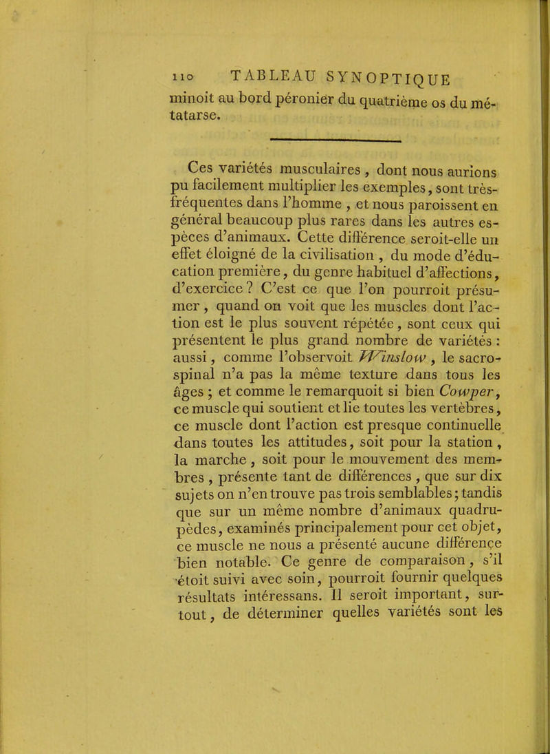 minoit au bord péronier du quatrième os du mé- tatarse. Ces variétés musculaires , dont nous aurions pu facilement multiplier les exemples, sont très- fréquentes dans rhomme , et nous paroissent en général beaucoup plus rares dans les autres es- pèces d’animaux. Cette différence seroit-elle un effet éloigné de la civilisation , du mode d’édu- cation première, du genre habituel d’affections, d’exercice? C’est ce que l’on pourroit présu- mer , quand on voit que les muscles dont l’ac- tion est le plus souvent répétée, sont ceux qui présentent le plus grand nombre de variétés : aussi, comme l’observoit Tf^inslow , le sacro- spinal n’a pas la même texture dans tous les âges ; et comme le remarquoit si bien Cowper^ ce muscle qui soutient et lie toutes les vertèbres, ce muscle dont l’action est presque continuelle dans toutes les attitudes, soit pour la station , la marche, soit pour le mouvement des mem- bres , présente tant de différences , que sur dix sujets on n’en trouve pas trois semblables ; tandis que sur un même nombre d’animaux quadru- pèdes, examinés principalement pour cet objet, ce muscle ne nous a présenté aucune différence bien notable. Ce genre de comparaison, s’il ’étoit suivi avec soin, pourroit fournir quelques résultats intéressans. Il seroit important, sur- tout, de déterminer quelles variétés sont les