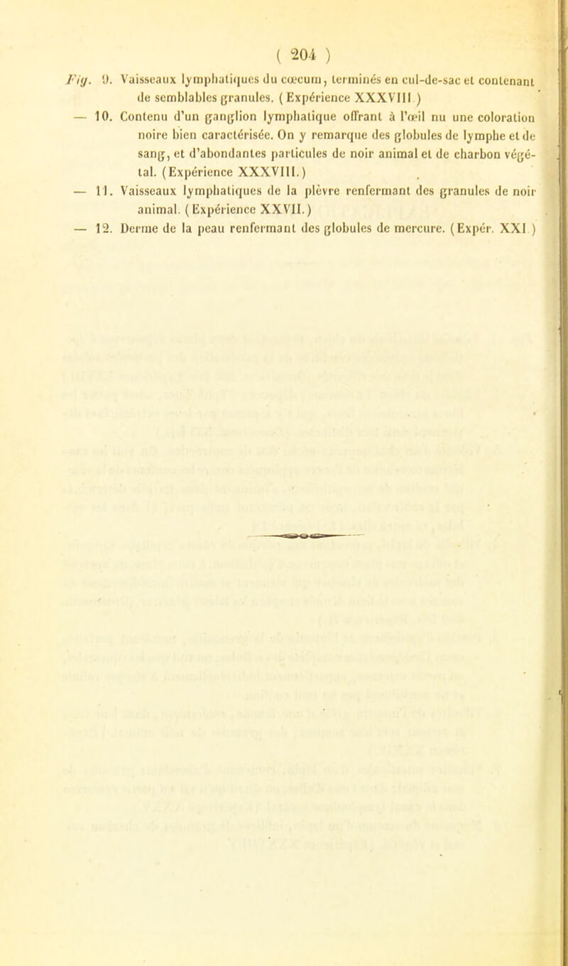 'J. Vaisseaux I^'inpliatifiucs du cœcuin, Icrminés en cul-de-sac et conlenani de semblables granules. { Expérience XXXVIII ) 10. Contenu d'un ganglion lymphatique offrant à l'œil nu une coloration noire bien caractérisée. On y remarque des globules de lymphe et de sang, et d'abondantes particules de noir animal et de charbon végé- tal. (Expérience XXXVIII.) 11. Vaisseaux lymphatiques de la |)lèvre renfermant des granules de noir animal. (Expérience XXVII.) 12. Derme de la peau renfermant des globules de mercure. (Expér. XXI )
