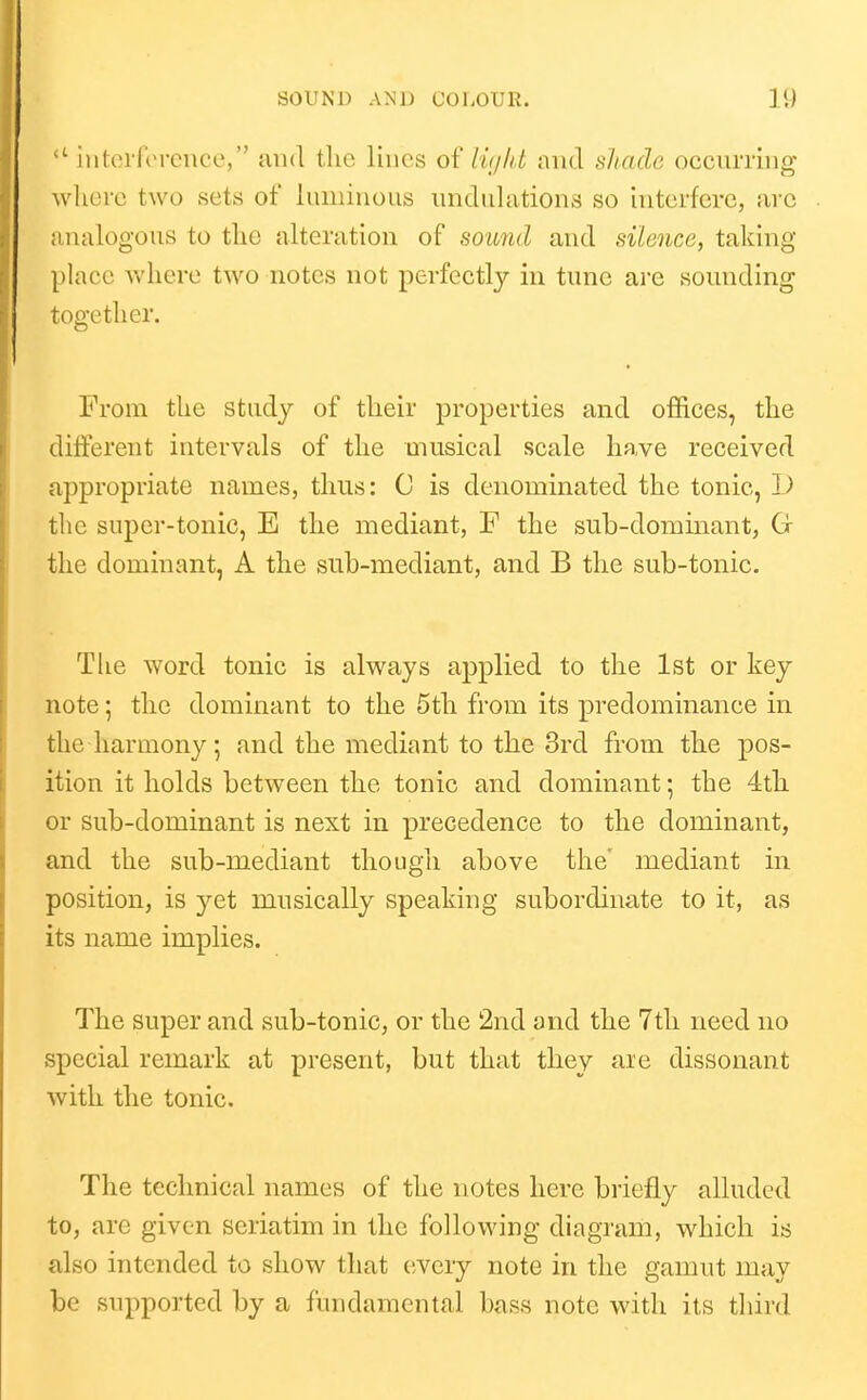  interfVrciice, and the lines of lujkt and sImcIg occurring wliorc two sets of luminous undulations so interfere, arc analogous to the alteration of sound and silence, taking place where two notes not perfectly in tune ai'e sounding together. From tlie study of tlieir properties and offices, the different intervals of the musical scale have received appropriate names, thus: 0 is denominated the tonic, I) the super-tonic, E the mediant, F the sub-dominant, G the dominant, A the sub-mediant, and B the sub-tonic. The word tonic is always applied to the 1st or key note; the dominant to the 5th from its predominance in the harmony; and the mediant to the 3rd from th.e pos- ition it holds between the tonic and dominant; the 4tb or sub-dominant is next in precedence to the dominant, and the sub-mediant though above the' mediant in position, is yet musically speaking subordinate to it, as its name implies. The super and sub-tonic, or the 2nd and the 7th need no special remark at present, but that they are dissonant with the tonic. The technical names of the notes here briefly alluded to, are given seriatim in the following diagram, which is also intended to show that every note in the gamut may be supported by a fundamental bass note with its tliird