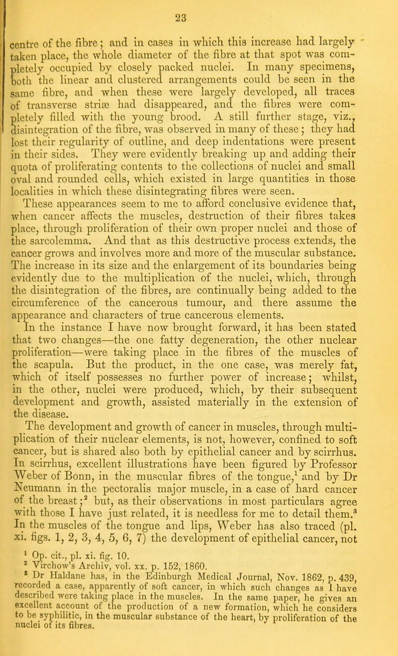 centre of the fibre; and in cases in wliicli this increase had largely taken place, the whole diameter of the fibre at that spot was com- pletely occupied by closely packed nuclei. In many specimens, both the linear and clustered arrangements could be seen in the same fibre, and when these were largely developed, all traces of transverse stria3 had disappeared, and the fibres were com- pletely filled with the young brood. A still further stage, viz., disintegration of the fibre, was observed in many of these ; they had lost their regularity of outline, and deep indentations were present in their sides. They were evidently breaking up and adding their quota of proliferating contents to the collections of nuclei and small oval and rounded cells, which existed in large quantities in those localities in which these disintegrating fibres were seen. These appearances seem to me to afford conclusive evidence that, when cancer affects the muscles, destruction of their fibres takes place, through proliferation of their own proper nuclei and those of the sarcolemma. And that as this destructive process extends, the cancer grows and involves more and more of the muscular substance. The increase in its size and the enlargement of its boundaries being evidently due to the multiplication of the nuclei, which, through the disintegration of the fibres, are continually being added to the circumference of the cancerous tumour, and there assume the appearance and characters of true cancerous elements. In the instance I have now brought forward, it has been stated that two changes—the one fatty degeneration, the other nuclear proliferation—were taking place in the fibres of the muscles of the scapula. But the product, in the one case, was merely fat, which of itself possesses no further power of increase; whilst, in the other, nuclei were produced, which, by their subsequent development and growth, assisted materially in the extension of the disease. The development and growth of cancer in muscles, through multi- plication of their nuclear elements, is not, however, confined to soft cancer, but is shared also both by epithelial cancer and by scirrhus. In scirrhus, excellent illustrations have been figured by Professor Weber of Bonn, in the muscular fibres of the tongue,^ and by Dr Neumann in the pectoralis major muscle, in a case of hard cancer of the breast; but, as their observations in most particulars agree with those I have just related, it is needless for me to detail them.* In the muscles of the tongue and lips, Weber has also traced (pi. xi. figs. 1, 2, 3, 4, 5, 6, 7) the development of epithelial cancer, not 1 Op. cit., pi, xi. fig. 10. * Virchow's Archiv, vol. xx. p. 152, 1860. ' Dr Plaklane has, in the Edinburgh Medical Journal, Nov. 1862, p. 439, recorded a case, apparently of soft cancer, in which such changes as 1 have described were taking place in the muscles. In the same paper, lie gives an excellent account of the production of a new formation, which he considers to be syphilitic, in the muscular substance of the heart, by proliferation of the nuclei of its fibres.