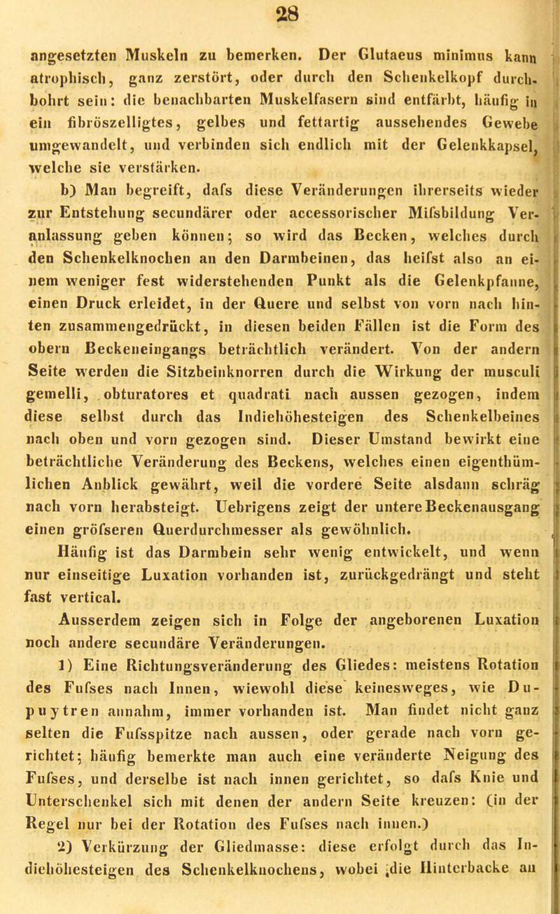 angesetzten Muskeln zu bemerken. Der Glutaeus minimus kann atrophisch, ganz zerstört, oder durch den Schenkelkopf durch- bohrt sein: die benachbarten Muskelfasern sind entfärbt, häufig in ein fibröszelligtes j gelbes und fettartig aussehendes Gewebe umgewandelt, und verbinden sich endlich mit der Gelenkkapsel, welche sie verstärken. b) Man begreift, dafs diese Veränderungen ihrerseits wieder zur Entstehung secundärer oder accessorischer Mifsbildung Ver- anlassung geben können; so wird das Becken, welches durch den Schenkelknochen an den Darmbeinen, das heifst also an ei- nem weniger fest widerstehenden Punkt als die Gelenkpfanne, einen Druck erleidet, in der Quere und selbst von vorn nach hin- ten zusammengedrückt, in diesen beiden Fällen ist die Form des obern Beckeueingangs beträchtlich verändert. Von der andern Seite werden die Sitzbeiuknorren durch die Wirkung der musculi gemelli, obturatores et quadrati nach aussen gezogen, indem diese selbst durch das Indiehöhesteigen des Schenkelbeines nach oben und vorn gezogen sind. Dieser Umstand bewirkt eine beträchtliche Veränderung des Beckens, welches einen eigentüm- lichen Anblick gewährt, weil die vordere Seite alsdann schräg nach vorn herabsteigt. Uebrigens zeigt der untere Beckenausgang einen grösseren Querdurchmesser als gewöhnlich. Häufig ist das Darmbein sehr wenig entwickelt, und wenn nur einseitige Luxation vorhanden ist, zurückgedrängt und steht fast vertical. Ausserdem zeigen sich in Folge der angeborenen Luxation noch andere secundäre Veränderungen. 1) Eine Richtungsveränderung des Gliedes: meistens Rotation des Fufses nach Innen, wiewohl diese keinesweges, wie Du- puytren annahm, immer vorhanden ist. Man findet nicht ganz selten die Fufsspitze nach aussen, oder gerade nach vorn ge- richtet; häufig bemerkte man auch eine veränderte Neigung des Fufses, und derselbe ist nach innen gerichtet, so dafs Knie und Unterschenkel sich mit denen der andern Seite kreuzen: (in der Regel nur bei der Rotation des Fufses nach innen.) 2) Verkürzung der Gliedmasse: diese erfolgt durch das In- diehöhesteigen des Schenkelkuochens, wobei ^die Hinterbacke au