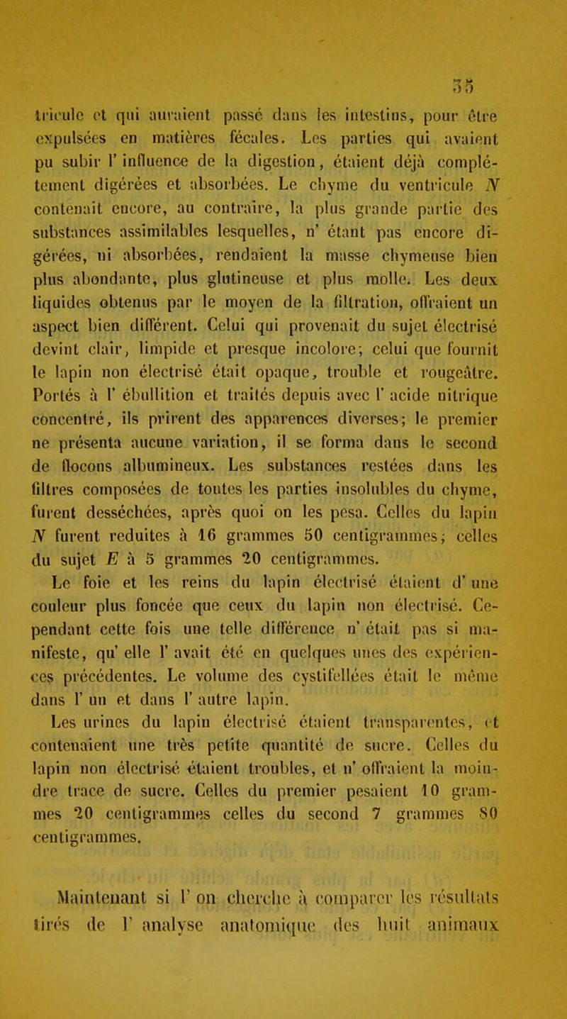 Iriculc (>l qui ouraieiil passe dans les intestins, pour être expulsées en matières fécales. Les parties qui avaient pu subir r induence de la digestion, étaient déjà complè- tement digérées et absorbées. Le cliyme du ventricule N conlenait encore, au contraire, la plus grande partie des substances assimilables lesquelles, n' étant pas encore di- gérées, ni absorbées, rendaient la masse chymeuse bien plus abondante, plus gUitineuse et plus molle. Les deux liquides obtenus par le moyen de la filtratiou, offraient un aspect bien différent. Celui qui provenait du sujet électrisé devint clair, limpide et presque incolore; celui que fournit le lapin non électrisé était opaque, trouble et rougeâtre. Portés à r ébullition et traités depuis avec V acide nitrique concentré, ils prirent des apparences diverses; le premier ne présenta aucune variation, il se forma dans le second de flocons albumineux. Les substances restées dans les filtres composées de toutes les parties insolubles du chyme, furent desséchées, après quoi on les pesa. Celles du lapin JV furent réduites à 16 grammes 50 centigrammes; celles du sujet E h 5 grammes 20 centigrammes. Le foie et les reins du lapin électrisé étaient d'une couleur plus foncée que ceux du lapin non électrisé. Ce- pendant cette fois une telle différence n' était pas si ma- nifeste, qu' elle 1' avait été en quelques unes des expéi'ien- ccs précédentes. Le volume des cyslifellces était le niAuie dans r un et dans 1' autre lapin. Les urines du lapin électrisé étaient transparentes, et contenaient une très petite quantité de sucre. Celles du lapin non électrisé étaient troubles, et n' offraient la moin- dre trace de sucre. Celles du premier pesaient 10 gram- mes 20 centigrammes celles du second 7 grammes 80 centigrammes. Maintenant si 1' on chcrclic à comparer les résultais tirés de 1' analyse analoniique des huit ; animaux