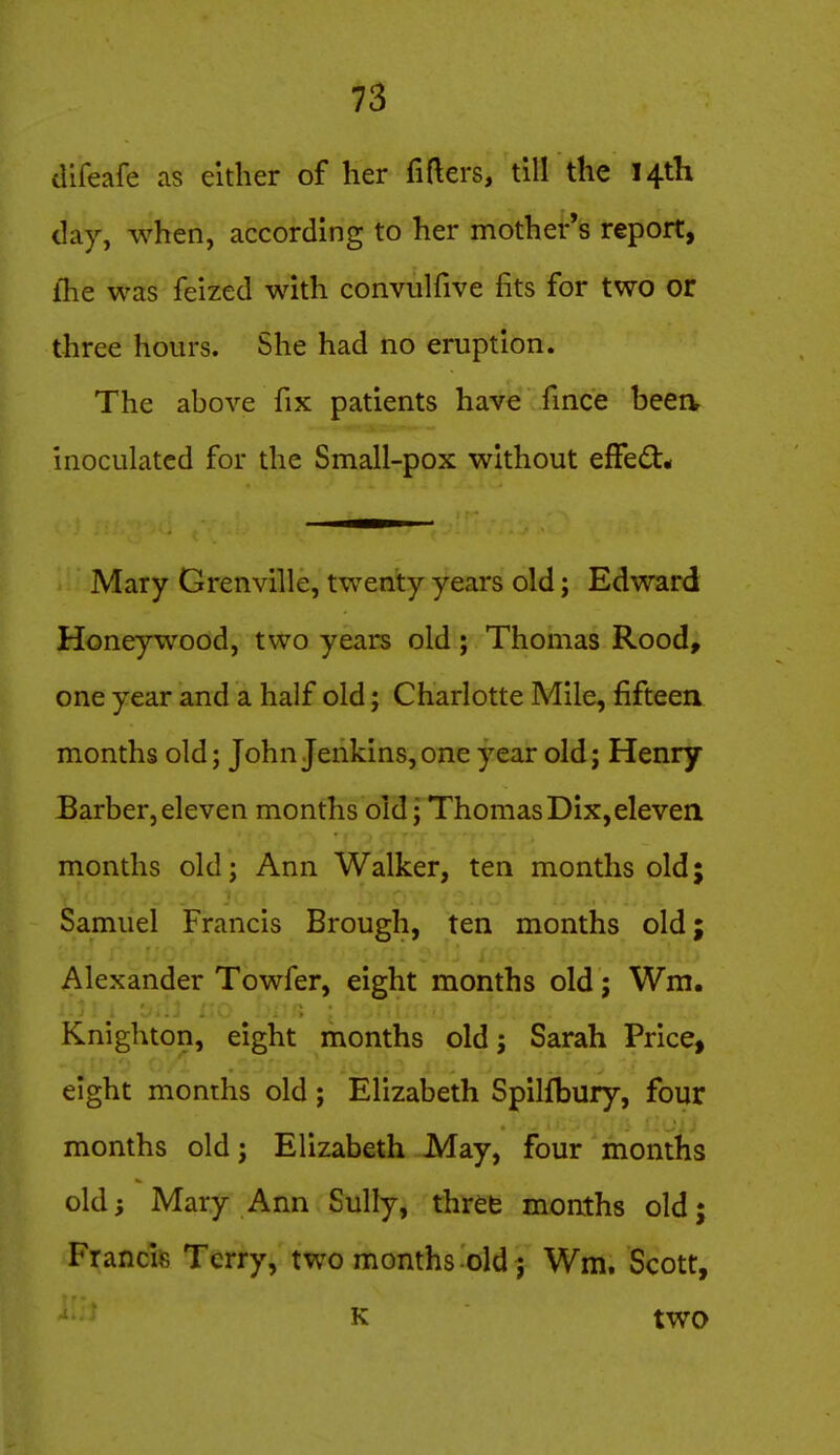 cUfeafe as either of her fitters, till the Hth (lay, when, according to her mother's report, fhe was feized with convulfive fits for two or three hours. She had no eruption. The ahove fix patients have fince beea inoculated for the Small-pox without efFe(3:* Mary Grenville, twenty years old; Edward Honeywood, two years old; Thomas Rood, one year and a half old; Charlotte Mile, fifteen months old; John Jenkins, one year old; Henry Barber,eleven months old; Thomas Dix,eleven months old; Ann Walker, ten months old; Samuel Francis Brough, ten months old; Alexander Towfer, eight months old; Wm. Knighton, eight months old; Sarah Price, eight months old; Elizabeth Spilfbury, four months old; Elizabeth May, four months old; Mary Ann Sully, three months old; Francis Terry, two months old; Wm. Scott, K two