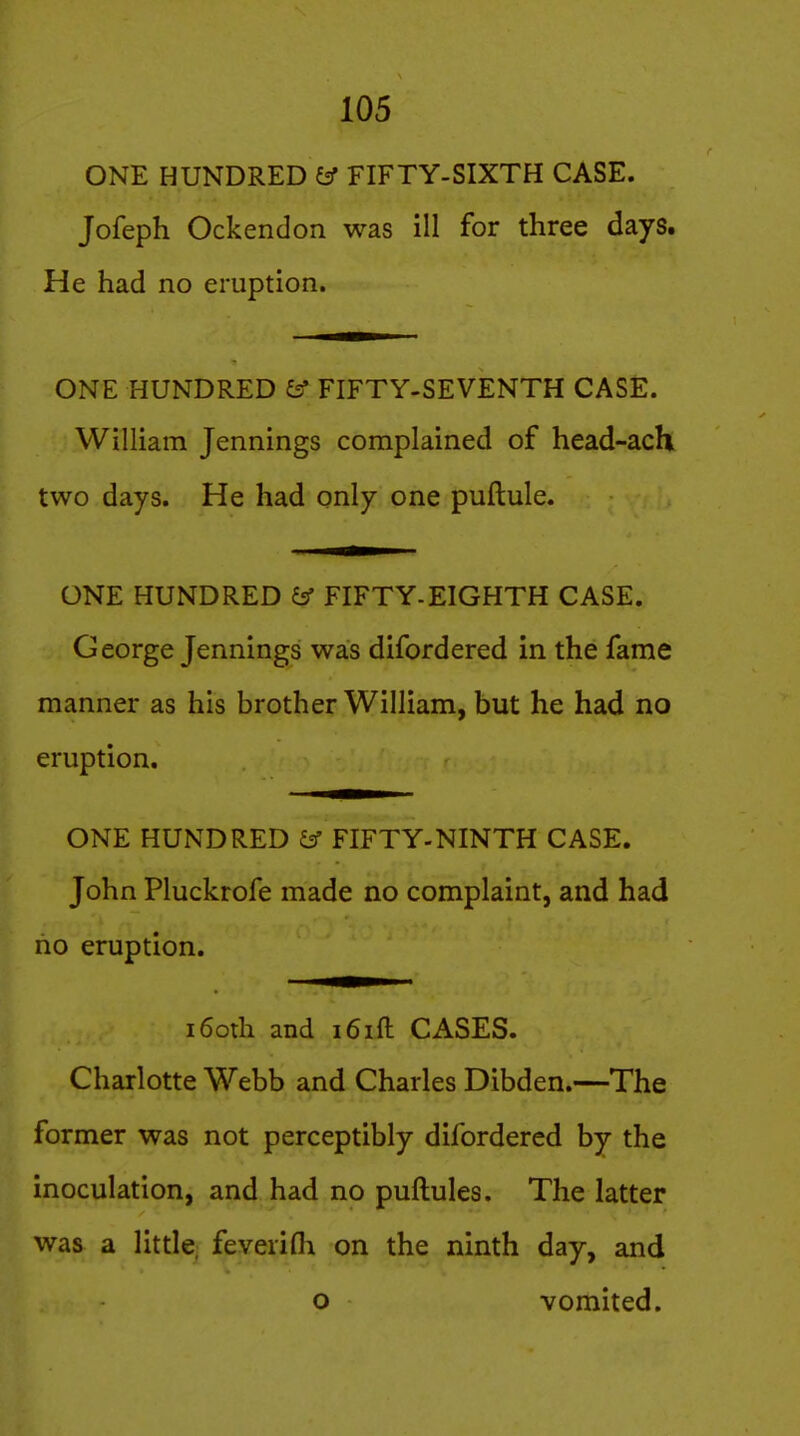 ONE HUNDRED ^ FIFTY-SIXTH CASE. Jofeph Ockendon was ill for three days. He had no eruption. ONE HUNDRED ^ FIFTY-SEVENTH CASE. William Jennings complained of head-ach two days. He had only one puftule. ONE HUNDRED ^ FIFTY-EIGHTH CASE. George Jennings was difordered in the fame manner as his brother William, but he had no eruption. ONE HUNDRED ^ FIFTY-NINTH CASE. John Pluckrofe made no complaint, and had no eruption. i6oth and i6ift CASES. Charlotte Webb and Charles Dibden.—The former was not perceptibly difordered by the inoculation, and had no puftules. The latter was a little feverifli on the ninth day, and o vomited.