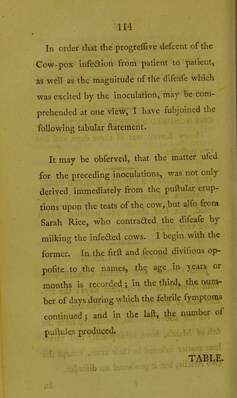 In order that tlie progreffive defcent of the Cow-pox hifedion from patient to patient, as well as the magnitude of the difeafe which was excited by the inoculation, may be com- prehended at one view, I have fubjoined the following tabular ftatement. It may be obferved, that the matter ufed for the preceding inoculations, was not only deriyed immediately from the puftular erup- tions upon the teats of the cow, but alfo from Sarah Rice, who contraded the difeafe by milking the infeded cows. I begin with the former. In the firft and fecond divifions op- pofite to the names, the age in years or months is recorded ; in the third>,,ft;e ^ru- ber of days during which the febrile fymptoms continued ; and in the laft, thp number of puftules produced. TABLE.