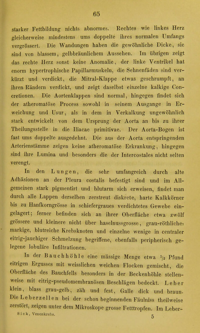 starker Fettbildung nichts abnormes. Rechtes wie linkes Herz gleicherweise mindestens ums doppelte ihres normalen Umfangs vergrössert. Die Wandungen haben die gewöhnliche Dicke, sie sind von blassem, gelbbräunlichem Aussehen. Im übrigen zeigt das rechte Herz sonst keine Anomalie, der linke Ventrikel hat enorm hypertrophische Papillarmuskeln, die Sehnenfäden sind ver- kürzt und verdickt, die Mitrai-Klappe etwas geschrumpft, an ihren Rändern verdickt, und zeigt daselbst einzelne kalkige Con- cretionen. Die Aortenklappen sind normal, hingegen findet sich der atheromatöse Process sowohl in seinem Ausgange in Er- weichung und Usur, als in dem in Verkalkung ungewöhnlich stark entwickelt von dem Ursprung der Aorta an bis zu ihrer Theilungsstelle in die Iliacae primitivae. Der Aorta-Bogen ist fast ums doppelte ausgedehnt. Die aus der Aorta entspringenden Arterienstämme zeigen keine atheromatöse Erkrankung, hingegen sind ihre Lumina und besonders die der Intercostales nicht selten verengt. In den Lungen, die sehr umfangreich durch alte Adhäsionen an der Pleura costalis befestigt sind und im All- gemeinen stark pigmentirt und blutarm sich erweisen, findet man durch alle Lappen derselben zerstreut diskrete, harte Kalkkörner bis zu Hanfkorngrösse in schiefergraues verdichtetes Gewebe ein- gelagert; ferner befinden sich an ihrer Oberfläche etwa zwölf grössere und kleinere nicht über haselnussgrosse, grau-röthliche? markige, blutreiche Krebsknoten und einzelne wenige in centraler eitrig-jauchiger Schmelzung begriffene, ebenfalls peripherisch ge- legene lobuläre Infiltrationen. In der Bauchhöhle eine massige Menge etwa 1/2 Pfund eitrigen Ergusses mit weisslichen weichen Flocken gemischt, die Oberfläche des Bauchfells besonders in der Beckenhöhle stellen- weise mit eitrig-pseudomembranösen Beschlägen bedeckt. Leber klein, blass grau-gelb, zäh und fest, Galle dick und braun. DieLeberzellen bei der schon beginnenden Fäulniss theilweise zerstört, zeigen unter dem Mikroskope grosse Fetttropfen. Im Leber- Sick, Venenkrebs. c O