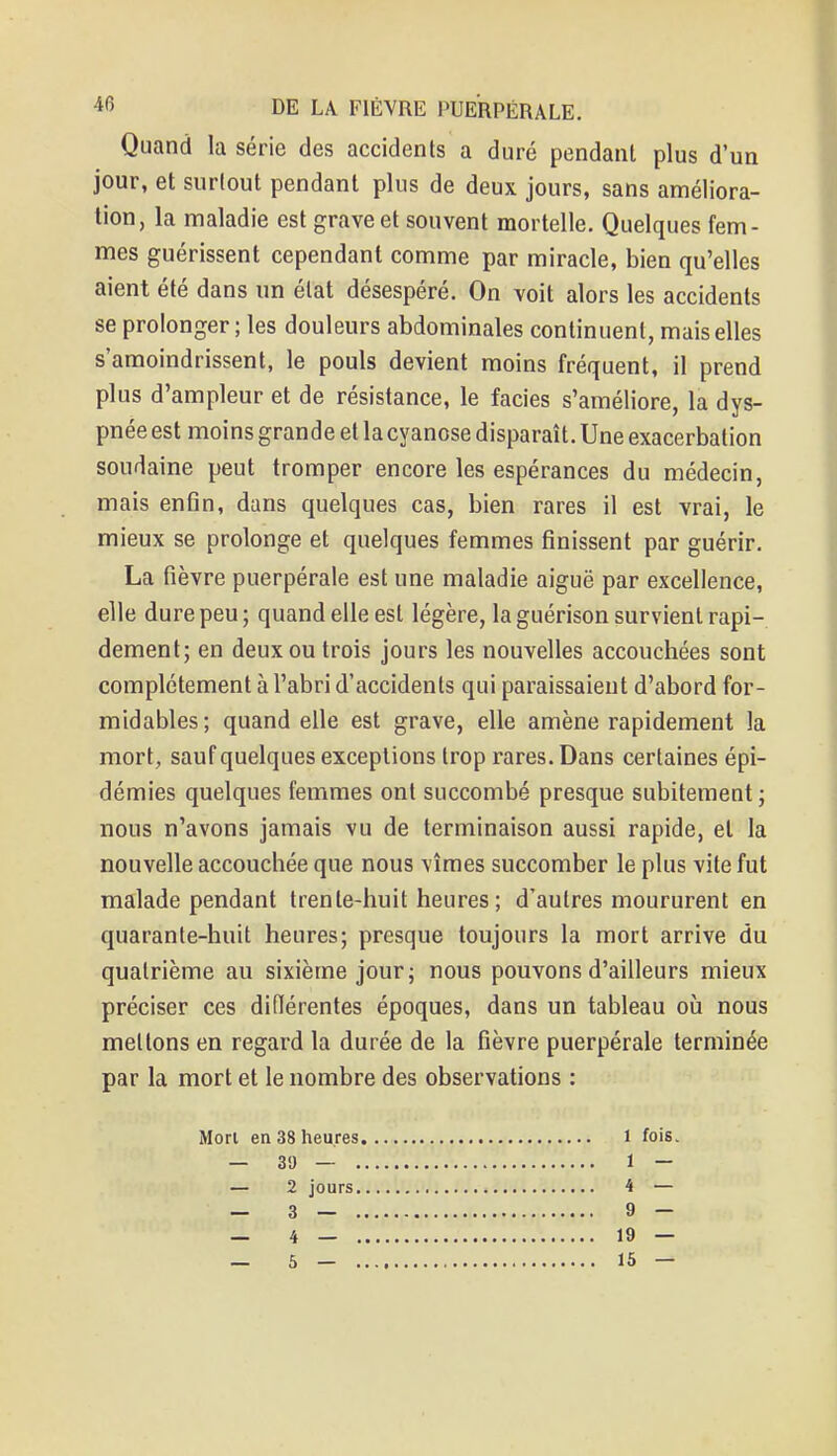 Quand la série des accidents a duré pendant plus d'un jour, et surtout pendant plus de deux jours, sans améliora- tion, la maladie est grave et souvent mortelle. Quelques fem- mes guérissent cependant comme par miracle, bien qu'elles aient été dans un état désespéré. On voit alors les accidents se prolonger ; les douleurs abdominales continuent, mais elles s'amoindrissent, le pouls devient moins fréquent, il prend plus d'ampleur et de résistance, le faciès s'améliore, la dys- pnée est moins grande et la cyanose disparaît. Une exacerbation soudaine peut tromper encore les espérances du médecin, mais enfin, dans quelques cas, bien rares il est vrai, le mieux se prolonge et quelques femmes finissent par guérir. La fièvre puerpérale est une maladie aiguë par excellence, elle dure peu; quand elle est légère, la guérison survient rapi- dement; en deux ou trois jours les nouvelles accouchées sont complètement à l'abri d'accidents qui paraissaient d'abord for- midables; quand elle est grave, elle amène rapidement la mort, sauf quelques exceptions trop rares. Dans certaines épi- démies quelques femmes ont succombé presque subitement ; nous n'avons jamais vu de terminaison aussi rapide, et la nouvelle accouchée que nous vîmes succomber le plus vite fut malade pendant trente-huit heures; d'autres moururent en quarante-huit heures; presque toujours la mort arrive du quatrième au sixième jour ; nous pouvons d'ailleurs mieux préciser ces différentes époques, dans un tableau où nous mettons en regard la durée de la fièvre puerpérale terminée par la mort et le nombre des observations : Morl en 38 heures l fois. — 39 — 1 — — 2 jours 4 — — 3 - 9 - — 4 — 19 — — S — 15 —