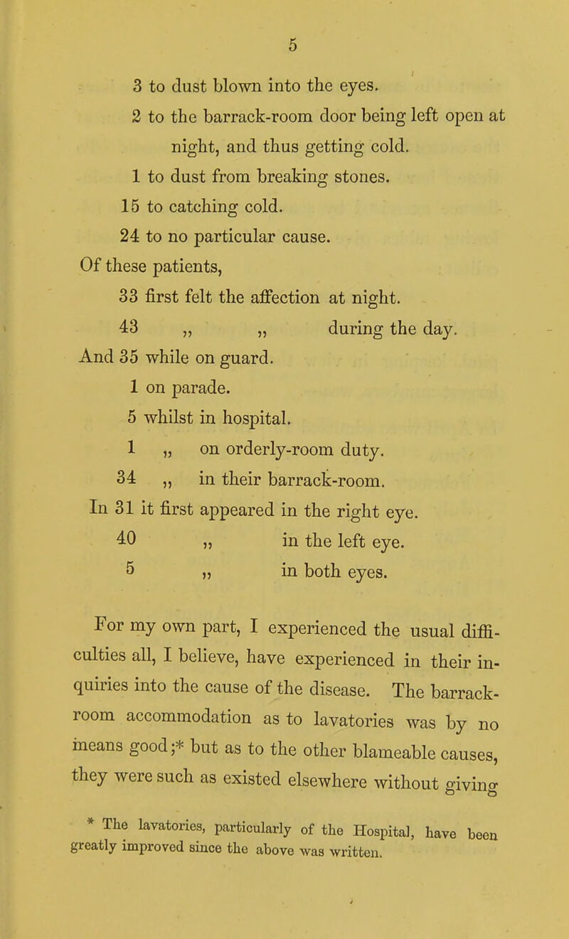 3 to dust blown into the eyes. 2 to the barrack-room door being left open at night, and thus getting cold. 1 to dust from breaking stones. 15 to catching cold. 24 to no particular cause. Of these patients, 33 first felt the affection at night. 43 „ „ during the day. And 35 while on guard. 1 on parade. 5 whilst in hospital. 1 „ on orderly-room duty. 34 „ in their barrack-room. In 31 it first appeared in the right eye. 40 „ in the left eye. 5 „ in both eyes. For my own part, I experienced the usual diffi- culties all, I believe, have experienced in their in- quiries into the cause of the disease. The barrack- room accommodation as to lavatories was by no ineans good;* but as to the other blameable causes, they were such as existed elsewhere without givino- * The lavatories, particularly of the Hospital, have been greatly improved since the above was written.
