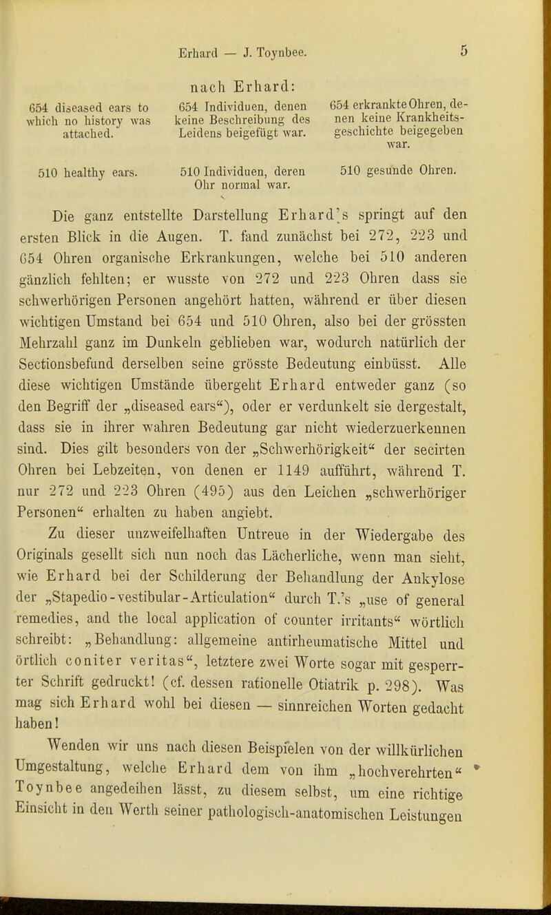 654 diseased ears to which no history was attiiched. nach Erhard: 654 Individuen, denen keine Beschreibung des Leidens beigefügt war. 654 erkrankte Ohren, de- nen keine Krankheits- geschichte beigegeben war. 510 healthy ears. 510 Individuen, deren 510 gesunde Ohren. Ohr normal war. V Die ganz entstellte Darstellung Erhard's springt auf den ersten Blick in die Augen. T. fand zunächst bei 272, 223 und G54 Ohren organische Erkrankungen, welche bei 510 anderen gänzlich fehlten; er wusste von 272 und 223 Ohren dass sie schwerhörigen Personen angehört hatten, während er über diesen wichtigen Umstand bei 654 und 510 Ohren, also bei der grössten Mehrzahl ganz im Dunkeln geblieben war, wodurch natürlich der Sectionsbefimd derselben seine grösste Bedeutung einbüsst. Alle diese wichtigen Umstände übergeht Erhard entweder ganz (so den Begriff der „diseased ears), oder er verdunkelt sie dergestalt, dass sie in ihrer wahren Bedeutung gar nicht wiederzuerkennen sind. Dies gilt besonders von der „Schwerhörigkeit der secirten Ohren bei Lebzeiten, von denen er 1149 aufführt, während T. nur 272 und 223 Ohren (495) aus den Leichen „schwerhöriger Personen erhalten zu haben angiebt. Zu dieser unzweifelhaften Untreue in der Wiedergabe des Originals gesellt sich nun noch das Lächerliche, wenn man sieht, wie Erhard bei der Schilderung der Behandlung der Ankylose der „Stapedio-vestibulär-Articulation durch T.'s „use of general remedies, and the local application of counter irritants wörtlich schreibt: „Behandlung: allgemeine antirheumatische Mittel und örtlich coniter veritas, letztere zwei Worte sogar mit gesperr- ter Schrift gedruckt! (cf. dessen rationelle Otiatrik p. 298). Was mag sich Erhard wohl bei diesen — sinnreichen Worten gedacht haben! Wenden wir uns nach diesen Beispielen von der willkürlichen Umgestaltung, welche Erhard dem von ihm „hochverehrten« Toynbee angedeihen lässt, zu diesem selbst, um eine richtige Einsicht in den Werth seiner pathologisch-anatomischen Leistungen