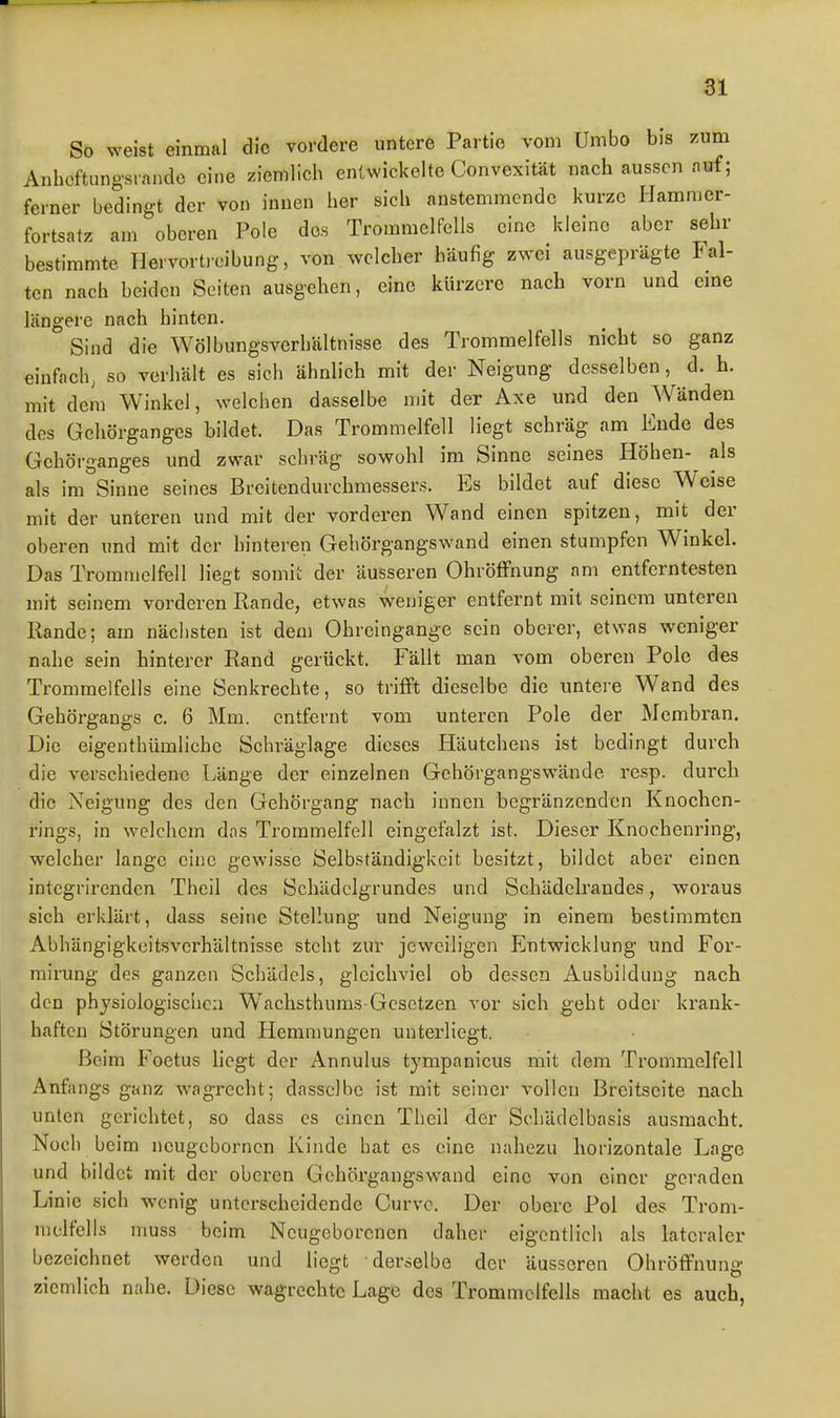So ^s-eist einmal die vordere untere Partie vom Umbo bis zum Anboftung-sinado eine ziemlicb entwickelte Convexität nach aussen nuf; ferner bedingt der von innen her sieb anstemmende kurze Hammer- fortsatz am oberen Pole dos Trommelfells eine kleine aber sehr bestimmte Hervortrcibung, von welcher häufig zwei ausgeprägte Fal- ten nach beiden Seiten ausgehen, eine kürzere nach vorn und eme längere nach hinten. Sind die Wölbungsverhältnisse des Trommelfells nicht so ganz einfacb, so verhält es sich ähnlich mit der Neigung desselben, d. h. mit dem Winkel, welchen dasselbe mit der Axe und den Wänden des Gehörganges bildet. Das Trommelfell liegt schräg am Ende des Gehörganges und zwar schräg sowohl im Sinne seines Höhen- als als im Sinne seines Breitendurchmessers. Es bildet auf diese Weise mit der unteren und mit der vorderen Wand einen spitzen, mit der oberen und mit der hinteren Gehörgangswand einen stumpfen Winkel. Das Trommelfell liegt somit der äusseren Ohröffnung am entferntesten mit seinem vorderen Kande, etwas weniger entfernt mit seinem unteren Rande; am nächsten ist dem Ohreingange sein oberer, etwas weniger nahe sein hinterer Rand gerückt. Fällt man vom oberen Pole des Trommelfells eine Senkrechte, so trifft dieselbe die untere Wand des Gehörgangs c. 6 Mm. entfernt vom unteren Pole der Membran. Die eigenthümlichc Schräglage dieses Häutchens ist bedingt durch die verschiedene Länge der einzelnen Gehörgangswände resp. durch die Neigung des den Gehörgang nach innen begränzcndcn Knochen- rings, in welchem das Trommelfell eingefalzt ist. Dieser Knochenring, welcher lange eine gewisse Selbständigkeit besitzt, bildet aber einen integrirendcn Theil des Schädclgrundes und Schädelrandes, woraus sich erklärt, dass seine Stellung und Neigung in einem bestimmten Abhängigkeitsverhältnisse steht zur jeweiligen p]ntwicklung und For- mirung des ganzen Schädels, gleichviel ob dessen Ausbildung nach den physiologischen W'aehsthums-Gesetzen vor sieh geht oder krank- haften Störungen und Hemmungen unterliegt. Beim l oetus liegt der Annulus tympanicus mit dem Trommelfell Anfangs ganz wagrccht; dasselbe ist mit seiner vollen Breitseite nach unten gerichtet, so dass es einen Theil der Schädelbasis ausmacht. Noch beim neugebornen Kinde hat es eine nahezu horizontale Lage und bildet mit der oberen Gehörgangs\vand eine von einer geraden Linie sich wenig unterscheidende Curvc. Der obere Pol des Trom- melfells nmss beim Neugeborenen daher eigentlich als lateraler bezeichnet werden und liegt derselbe der äusseren Ohröffnung ziemlich nahe. Diese wagrechtc Lage des Trommelfells macht es auch,