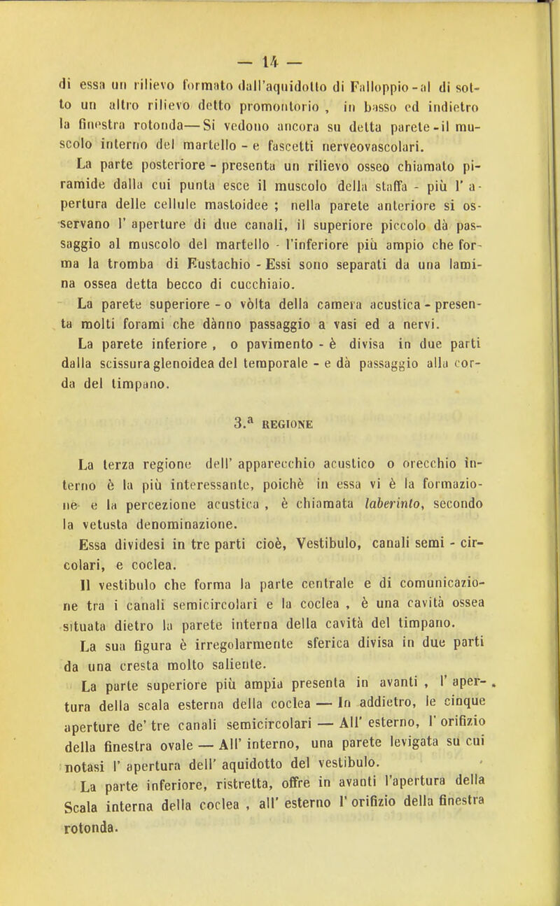 di essa un rilievo formato dall'aquidoUo di Failoppio-al di sci- lo un altro rilievo detto promontorio , in basso ed indietro la finestra rotonda—Si vedono ancora su detta parete-il mu- scolo interno del martello - e fascelti nerveovascolari. La parte posteriore - presenta un rilievo osseo chiamato pi- ramide dalla cui punta esce il muscolo della staffa - più l'a- pertura delle cellule masloidee ; nella parete anteriore si os- servano r aperture di due canali, il superiore piccolo dà pas- saggio al muscolo del martello - l'inferiore più ampio che for- ma la tromba di Fustachio - Essi sono separati da una lami- na ossea detta becco di cucchiaio. - La parete superiore - o vòlta della camera acustica - presen- ta molti forami che danno passaggio a vasi ed a nervi. La parete inferiore , o pavimento - è divisa in due parti dalla scissura glenoidea del temporale - e dà passaggio alla c or- da del timpano. 3.* REGIONE La terza regione dell' apparecchio acustico o orecchio in- terno è la più interessante, poiché in essa vi è la formazio- ne e la percezione acustica , è chiamata laberinto, secondo la vetusta denominazione. Essa dividesi in tre parti cioè, Vestibulo, canali semi - cir- colari, e coclea. Il vestibulo che forma la parte centrale e di comunicazio- ne tra i canali semicircolari e la coclea , è una cavità ossea situata dietro la parete interna della cavità del timpano. La sua figura è irregolarmente sferica divisa in due parti da una cresta molto saliente. La parte superiore più ampia presenta in avanti , 1' aper- . tura della scala esterna della coclea —• In addietro, le cinque aperture de' tre canali semicircolari — AH' esterno, 1' orifizio della finestra ovale — All' interno, una parete levigata su cui notasi l'apertura dell'aquidotto del vestibulo. La parte inferiore, ristretta, offre in avanti l'apertura della Scala interna delia coclea , all' esterno 1' orifizio della finestra rotonda.