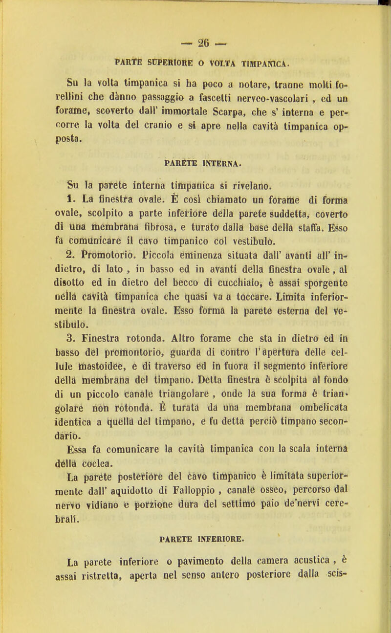 PARTE SUPERIORE O VOLTA TIMPANICA. Su la volta timpanica si ha poco a notare, tranne molli fo- rellini che danno passaggio a fascelti nerveo-vascolari , ed un forame, scoverto dall' immortale Scarpa, che s'interna e per- corre la volta del cranio e si apre nella cavità timpanica op- posta. PARETE INTERNA. Su la paTete interna timpanica si rivelano. 1. La finestra ovale. È cosi chiamato un forame di forma ovale, scolpito a parte inferiore della parete suddetta, coverto di una membrana fibrosa, e turato dalla base della staffa. Esso fa comunicare il cavo timpanico col vestibulo. 2. Promotorio. Piccola eminenza situata dall' avanti all' in- dietro, di lato , in basso ed in avanti della finestra ovale, al disotto ed in dietro del becco di cucchiaio, è assai sporgente nella cavità timpanica che quasi Va a toccare. Limita inferior- mente la finestra ovale. Esso forma la parete esterna del ve- stibulo. 3. Finestra rotonda. Altro forame che sta in dietro ed in basso del promontorio, guarda di contro l'tìpertura delle cel- lule tnastoidée, e di traverso éd in fuora il segmento inferiore della membrana del timpano. Detta finestra è scolpita al fondo di un piccolo canale triangolare , onde la sua forma è trìan> golare nòti rotonda. É turata da una membrana ombelicata identica a quèlld del timpano, e fu detta perciò timpano secon- dario. Essa fa comunicare la cavità timpanica con la scala interna délld coclea. La paréte posterióre del cavo titìipanico è limitata superior- mente dall' aquidotto di Falloppio , canale osseo, percorso dal nervo vidiano e porzione dura del settimo paio de'nervi cere- brali, PARETE INFERIORE. La parete inferiore o pavimento della camera acustica , è assai ristretta, aperta nel senso antero posteriore dalla scis-