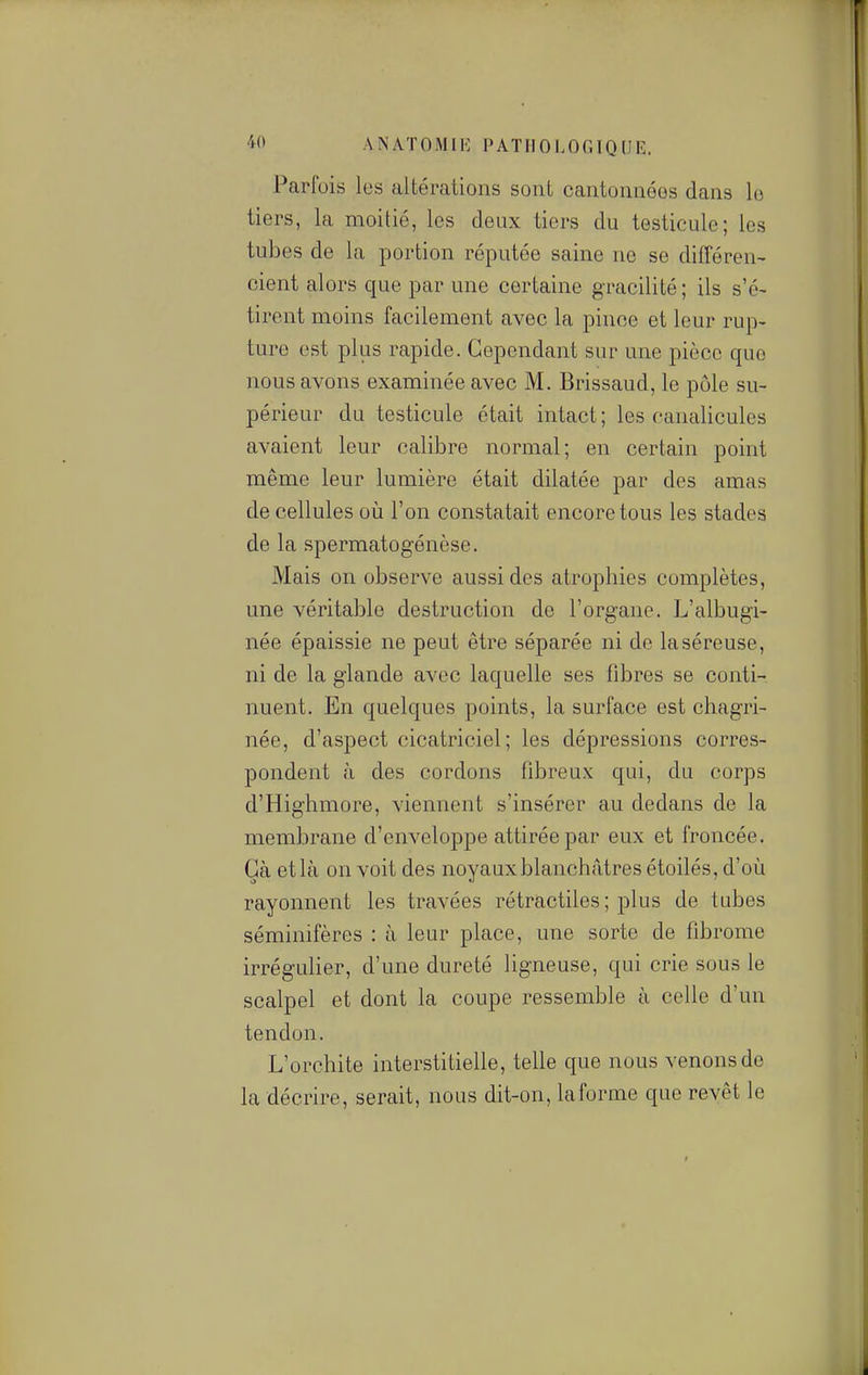 Parfois les altérations sont cantonnées dans 1(3 tiers, la moitié, les deux tiers du testicule; les tubes de la portion réputée saine ne se différen- cient alors que par une certaine gracilité; ils s'é- tirent moins facilement avec la pince et leur rup- ture est plus rapide. Cependant sur une pièce que nous avons examinée avec M. Brissaud, le pôle su- périeur du testicule était intact ; les canalicules avaient leur calibre normal; en certain point même leur lumière était dilatée par des amas de cellules où l'on constatait encore tous les stades de la spermatogénèse. Mais on observe aussi des atrophies complètes, une véritable destruction de l'organe. L'albugi- née épaissie ne peut être séparée ni de la séreuse, ni de la glande avec laquelle ses fibres se conti- nuent. En quelques points, la surface est chagri- née, d'aspect cicatriciel; les dépressions corres- pondent à des cordons fibreux qui, du corps d'Highmore, viennent s'insérer au dedans de la membrane d'enveloppe attirée par eux et froncée. Gà et là on voit des noyaux blanchâtres étoilés, d'où rayonnent les travées rétractiles ; plus de tubes séminifères : à leur place, une sorte de fibrome irrégulier, d'une dureté ligneuse, qui crie sous le scalpel et dont la coupe ressemble à celle d'un tendon. L'orchite interstitielle, telle que nous venons de la décrire, serait, nous dit-on, la forme que revêt le