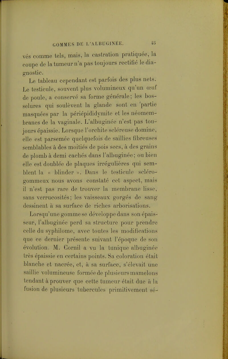 GOMMKS DK L'ALHUCINÉE. 4S vés comme tels, mais, la castration pratiquée, la coupe de la tumeur n'a pas toujours rectifié le dia- gnostic. Le tableau cependant est parfois des plus nets. Le testicule, souvent plus volumineux qu'un œuf de poule, a conservé sa forme générale; les bos- selures qui soulèvent la glande sont en partie masquées par la périépididymite et les néomem- branes de la vaginale. L'albuginée n'est pas tou- jours épaissie. Lorsque l'orchite scléreuse domine, elle est parsemée quelquefois de saillies fibreuses semblables à des moitiés de pois secs, à des grains de plomb à demi cachés dans l'albuginée; ou bien elle est doublée de plaques irrégulières qui sem- blent la « blinder ». Dans le testicule scléro- gommeux nous avons constaté cet aspect, mais il n'est pas rare de trouver la membrane lisse, sans verrucosités ; les vaisseaux gorgés de sang dessinent à sa surface de riches arborisations. Lorsqu'une gomme se développe dans son épais- seur, l'albuginée perd sa structure pour prendre celle du syphilome, avec toutes les modifications que ce dernier présente suivant l'époque de son évolution, M. Gornil a vu la tunique albuginée très épaissie en certains points. Sa coloration était blanche et nacrée, et, à sa surface, s'élevait une saillie volumineuse formée de plusieurs mamelons tendant à prouver que cette tumeur était due ù la fusion de plusieurs tubercules primitivement sé-