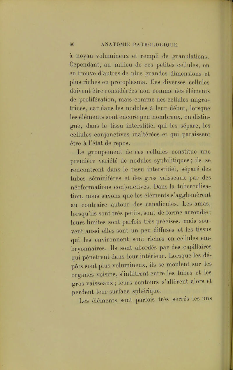 à noyau volumineux et rempli de granulations. Cependant, au milieu de ces petites cellules, on en trouve d'autres de plus grandes dimensions et plus riches en protoplasma. Ces diverses cellules doivent être considérées non comme des éléments de prolifération, mais comme des cellules migra- trices, car dans les nodules à leur début, lorsque les éléments sont encore peu nombreux, on distin- gue, dans le tissu interstitiel qui les sépare, les cellules conjonctives inaltérées et qui paraissent être à l'état de repos. Le groupement de ces cellules constitue une première variété de nodules syphilitiques; ils se rencontrent dans le tissu interstitiel, séparé des tubes séminifères et des gros vaisseaux par des néoformations conjonctives. Dans la tuberculisa- tion, nous savons que les éléments s'agglomèrent au contraire autour des canalicules. Les amas, lorsqu'ils sont très petits, sont de forme arrondie ; leurs limites sont parfois très précises, mais sou- vent aussi elles sont un peu diffuses et les tissus qui les environnent sont riches en cellules em- bryonnaires. Ils sont abordés par des capillaires qui pénètrent dans leur intérieur. Lorsque les dé- pôts sont plus volumineux, ils se moulent sur les organes voisins, s'infiltrent entre les tubes et les gros vaisseaux ; leurs contours s'altèrent alors et perdent leur surface sphérique. Les éléments sont parfois très serrés les uns