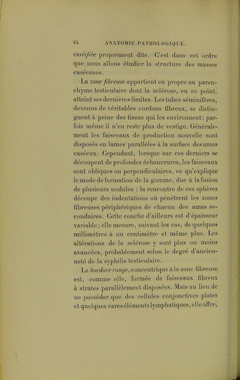 Ci ANATOMll-: l>ATIIOLO(; IQUE. caséi/iée proprement dite. C'est dans cet ordre que nous allons étudier la structure des masses oaséeuses. La zone fibreuse appartient en propre au paren- chyme testiculaire dont la sclérose, en ce point, atteint ses dernières limites. Les tubes séminifères, devenus de véritables cordons fibreux, se distin- guent à peine des tissus qui les environnent ; par- fois même il n'en reste plus de vestige. Générale- ment les faisceaux de production nouvelle sont disposés en lames parallèles à la surface des amas caséeux. Cependant, lorsque sur ces derniers se découpent de profondes échancrures, les faisceaux sont obliques ou perpendiculaires, ce qu'explique le mode déformation de la gomme, due à la fusion de plusieurs nodules : la rencontre de ces sphères découpe des indentations oia pénètrent les zones fibreuses périphériques de chacun des amas se- condaires. Cette couche d'ailleurs est d'épaisseur variable ; elle mesure, suivant les cas, de quelques millimètres à un centimètre et même plus. Les altérations de la sclérose y sont plus ou moins avancées, probablement selon le degré d'ancien- neté de la syphilis testiculaire. La bordure rouge, concentrique à la zone fibreuse est, comme elle, formée de faisceaux fibreux à strates parallèlement disposées. Mais au heu de ne posséder que dos cellules conjonctives plates et quelques rares éléments lymphatiques, elle offre,