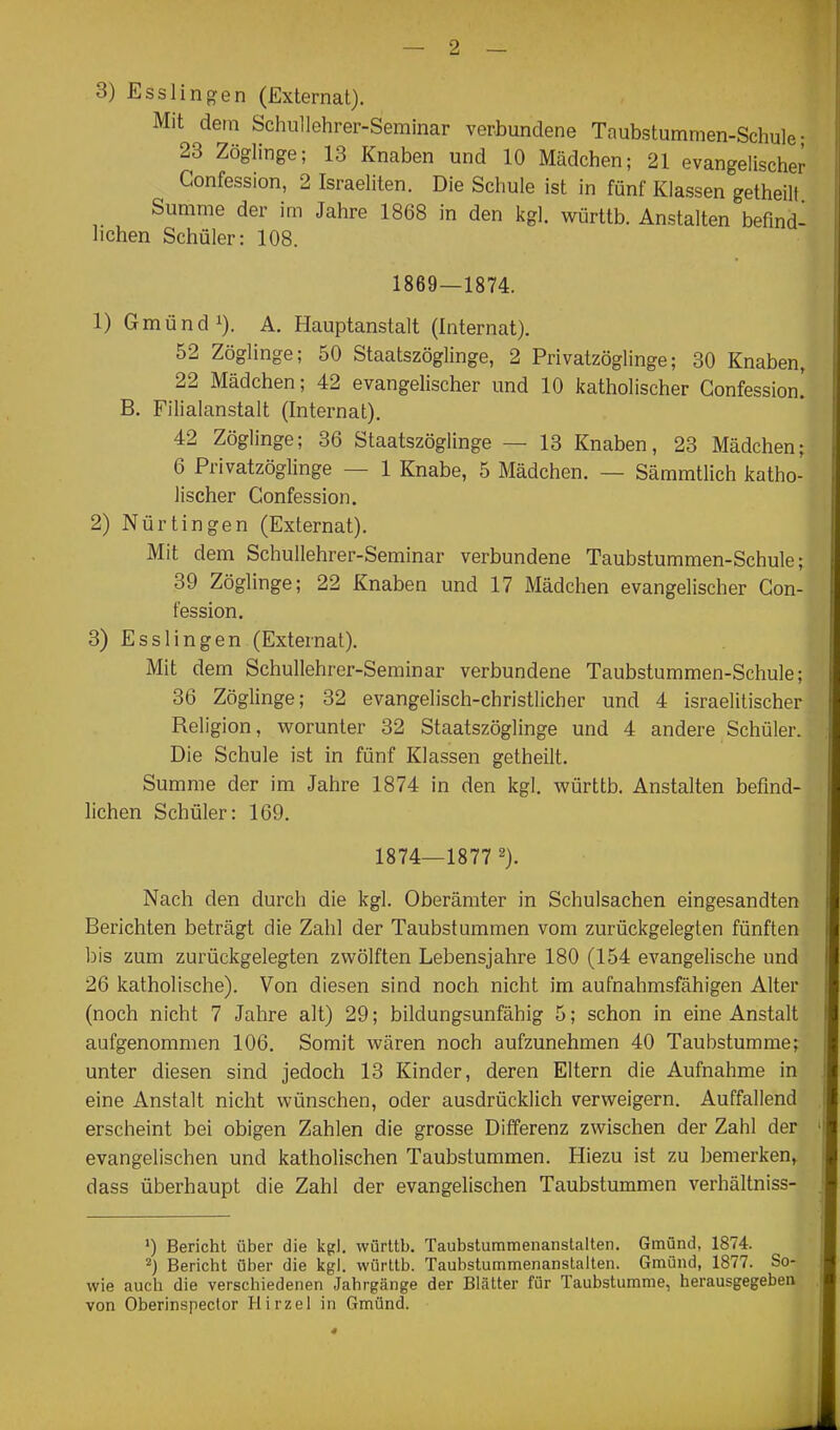3) Esslingen (Externat). Mit dem Schullehrer-Seminar verbundene Tnubstummen-Schule- 23 Zöglinge; 13 Knaben und 10 Mädchen; 21 evangelischer Confession, 2 Israeliten. Die Schule ist in fünf Klassen getheilt Summe der im Jahre 1868 in den kgl. württb. Anstalten befind- lichen Schüler: 108. 1869—1874. 1) Gmünd 1). A. Hauptanstalt (Internat). 52 Zöglinge; 50 Staatszöglinge, 2 Privatzöglinge; 30 Knaben, 22 Mädchen; 42 evangelischer und 10 katholischer Confession! B. Filialanstalt (Internat). 42 Zöglinge; 36 Staatszöglinge — 13 Knaben, 23 Mädchen; 6 Privatzöglinge — 1 Knabe, 5 Mädchen. — Sämmtlich katho- lischer Confession. 2) Nürtingen (Externat). Mit dem Schullehrer-Seminar verbundene Taubstummen-Schule; 39 Zöglinge; 22 Knaben und 17 Mädchen evangelischer Con- fession. 3) Esslingen (Externat), Mit dem Schullehrer-Seminar verbundene Taubstummen-Schule; 36 Zöglinge; 32 evangelisch-christlicher und 4 israelitischer Religion, worunter 32 Staatszöglinge und 4 andere Schüler. Die Schule ist in fünf Klassen getheilt. Summe der im Jahre 1874 in den kgl. württb. Anstalten befind- lichen Schüler: 169. 1874—1877 2). Nach den durch die kgl. Oberämter in Schulsachen eingesandten Berichten beträgt die Zahl der Taubstummen vom zurückgelegten fünften bis zum zurückgelegten zwölften Lebensjahre 180 (154 evangelische und 26 katholische). Von diesen sind noch nicht im aufnahmsfähigen Alter (noch nicht 7 Jahre alt) 29; bildungsunfähig 5; schon in eine Anstalt aufgenommen 106. Somit wären noch aufzunehmen 40 Taubstumme; unter diesen sind jedoch 13 Kinder, deren Eltern die Aufnahme in eine Anstalt nicht wünschen, oder ausdrücklich verweigern. Auffallend erscheint bei obigen Zahlen die grosse Differenz zwischen der Zahl der evangelischen und katholischen Taubstummen. Hiezu ist zu bemerken, dass überhaupt die Zahl der evangelischen Taubstummen verhältniss- ') Bericht über die kgl. württb. Taubstummenanstalten. Gmünd, 1874. 2) Bericht über die kgl. württb. Taubstummenanstalten. Gmünd, 1877. So- wie auch die verschiedenen Jahrgänge der Blätter für Taubstumme, herausgegeben von Oberinspeclor Hirzel in Gmünd.