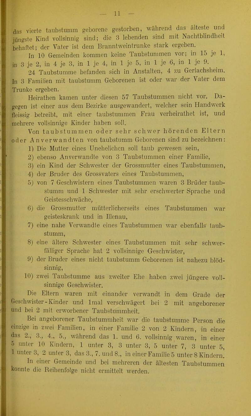 das vierte taubstumm geborene gestorben, während das älteste und jüngste Kind vollsinnig sind; die 3 lebenden sind mit Nachtblindheit behaftet; der Vater ist dem Branntweintrunke stark ergeben. In 10 Gemeinden kommen keine Taubstummen vor; in 15 je 1, in 3 je 2, in 4 je 3, in 1 je 4, in 1 je 5, in 1 je 6, in 1 je 9. 24 Taubstumme befanden sich in Anstalten, 4 zu Gerlachsheim. In 3 Familien mit taubstumm Geborenen ist oder war der Vater dem Trünke ergeben. Heirathen kamen unter diesen 57 Taubstummen nicht vor. Da- gegen ist einer aus dem Bezirke ausgewandert, welcher sein Handwerk fleissig betreibt, mit einer taubstummen Frau verheirathet ist, und mehrere vollsinnige Kinder haben soll. Von taubstummen oder sehr schwer hörenden Eltern oder Anverwandten von taubstumm Geborenen sind zu bezeichnen: 1) Die Mutter eines Unehelichen soll taub gewesen sein, 2) ebenso Anverwandte von 3 Taubstummen einer Familie, 3) ein Kind der Schwester der Grossmutter eines Taubstummen, 4) der Bruder des Grossvaters eines Taubstummen, 5) von 7 Geschwistern eines Taubstummen waren 3 Brüder taub- stumm und 1 Schwester mit sehr erschwerter Sprache und Geistesschwäche, 6) die Grossmutter mütterlicherseits eines Taubstummen war geisteskrank und in Illenau, 7) eine nahe Verwandte eines Taubstummen war ebenfalls taub- stumm, 8) eine ältere Schwester eines Taubstummen mit sehr schwer- fälliger Sprache hat 2 vollsinnige Geschwister, 9) der Bruder eines nicht taubstumm Geborenen ist nahezu blöd- sinnig, 10) zwei Taubstumme aus zweiter Ehe haben zwei jüngere voll- sinnige Geschwister. Die Eltern waren mit einander verwandt in dem Grade der Geschwister-Kinder und Imal verschwägert bei 2 mit angeborener und bei 2 mit erworbener Taubstummheit. Bei angeborener Taubstummheit war die taubstumme Person die einzige in zwei Familien, in einer Familie 2 von 2 Kindern, in einer das 2., 3., 4., 5., während das 1. und 6. vollsinnig Avaren, in einer 5 unter 10 Kindern, 1 unter 3, 3 unter 3, 5 unter 7, 3 unter 5, 1 unter 3, 2 unter 3, das 3., 7. und 8., in einer Familie 5 unter 8 Kindern.' In einer Gemeinde und bei mehreren der ältesten Taubstummen konnte die Reihenfolge nicht ermittelt werden.