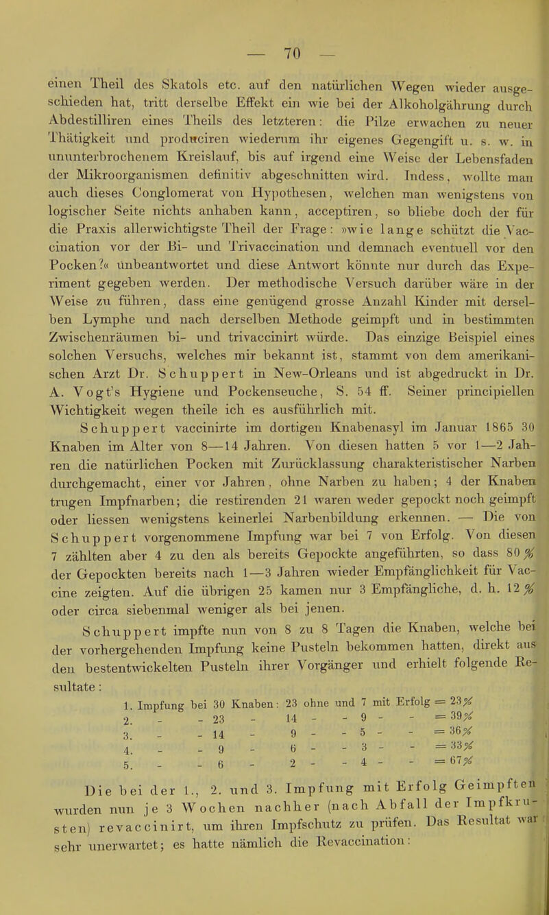 einen Theil des Skatols etc. auf den natürlichen Wegen wieder ausge- schieden hat, tritt derselbe Effekt ein wie bei der Alkoholgährung durch Abdestilliren eines Theils des letzteren: die Pilze erwachen zu neuer Thätigkeit und prodwciren wiederum ihr eigenes Gegengift u. s. w. in ununterbrochenem Kreislauf, bis auf irgend eine Weise der Lebensfaden der Mikroorganismen definitiv abgeschnitten wird. Indess, wollte man auch dieses Conglomerat von Hy])othesen, welchen man wenigstens von logischer Seite nichts anhaben kann, acceptiren, so bliebe doch der für die Praxis allerwichtigste Theil der Frage: »wie lange schützt die Vac- cination vor der Bi- und 'J'rivaccination und demnach eventuell vor den Pocken?« linbeantwortet und diese Antwort könnte nur durch das Expe- riment gegeben werden. Der methodische ^'ersuch darüber wäre in der Weise zu führen, dass eine genügend grosse Anzahl Kinder mit dersel- ben Lymphe und nach derselben Methode geimpft und in bestimmten Zwischenräumen bi- und trivaccinirt würde. Das einzige Beispiel eines solchen Versuchs, welches mir bekannt ist, stammt von dem amerikani- schen Arzt Dr. Schuppert in New-Orleans und ist abgedruckt in Dr. A. Vogt's Hygiene und Pockenseuche, S. 54 ff. Seiner principiellen Wichtigkeit wegen theile ich es ausführlich mit. Schuppert vaccinirte im dortigen Knabenasyl im Januar 1865 30 Knaben im Alter von 8—14 Jahren. Von diesen hatten 5 vor 1—2 Jah- ren die natürlichen Pocken mit Zurücklassung charakteristischer Narben durchgemacht, einer vor Jahren, ohne Narben zu haben; 4 der Knaben trugen Impfnarben; die restirenden 21 waren weder gepockt noch geimpft oder Hessen wenigstens keinerlei Narbenbildung erkennen. — Die von Schuppert vorgenommene Impfung war bei 7 von Erfolg. Von diesen 7 zählten aber 4 zu den als bereits Gepockte angeführten, so dass 80^ der Gepockten bereits nach 1—3 Jahren wieder Empfänglichkeit für Vac- cine zeigten. Auf die übrigen 25 kamen nur 3 EmpfängHche, d. h. 12^ oder circa siebenmal weniger als bei jenen. Schuppert impfte nun von 8 zu 8 Tagen die Knaben, welche bei der vorhergehenden Impfung keine Pusteln bekommen hatten, direkt aus den bestentwickelten Pusteln ihrer Vorgänger und erhielt folgende Re- sultate : 1. Impfung bei 30 Knaben: 23 ohne und 7 mit Erfolg = 23X 2. - - 23 - 14 - - 9 - - = 39;^ 3 _ _14_ 9_-5--= 36X 4 _ - 9 - 6 - - 3 - - = 33^ 5. - - 6 - 2 - - 4 - - =07;^ Die bei der 1., 2. und 3. Impfung mit Erfolg Geimpften wurden nun j e 3 Wochen nachher (nach Abfall der Impfkru- sten) revaccinirt, um ihren Impfschutz zu prüfen. Das Resultat war sehr unerwartet; es hatte nämlich die Revaccination: I