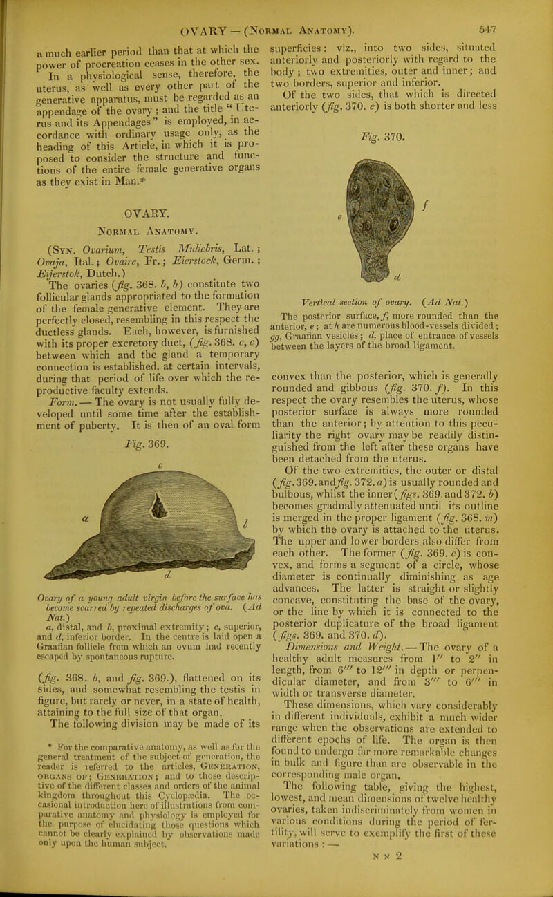 OVARY-(N( a much earlier period than that at which the power of procreation ceases in the other sex. In a physiological sense, therefore, the uterus, as well as every other part of the generative apparatus, must be regarded as an appendage of the ovary ; and the title  Ute- rus and Its Appendages  is employed, in ac- cordance with ordinary usage only, as the heading of this Article, in which it is pro- posed to consider the structure and func- tions of the entire female generative organs as they exist in Man.* iMAL Anatomy). 547 superficies: viz., into two sides, situated anteriorly and posteriorly with regard to the body ; two extremities, outer and inner; and two borders, superior and inferior. Of the two sides, that which is directed anteriorly (Jig. 370. e) is both shorter and less Fig. 370. OVARY. Normal Anatomy. (Syn. Ovarium, Testis Miilicbris, Lat. ; Ovaja, Ital. > Ovaire, Fr.; Eierstock, Germ. ; Eijerstok, Dutch.) The ovaries {fg. 368. b, b) constitute two follicular glands appropriated to the formation of the female generative element. They are perfectly closed, resembling in this respect the ductless glands. Each, however, is furnished with its proper excretory duct, {fig. 368. c, c) between which and the gland a temporary connection is estabHshed, at certain intervals, during that period of life over which the re- productive faculty extends. Form. — The ovary is not usually fully de- veloped until some time after the establish- ment of puberty. It is then of aa oval form Fig. 369. c Ooary of a young adult virgin before tJie surface has become scarred by repeated discharges of ova. (^Ad Nat.) a, distal, and 6, proximal extremity; c, superior, and rf, inferior border. In the centre is laid open a Graafian follicle from which an ovum had recently escaped by spontaneous rupture. (fig. 368. b, and fig. 369.), flattened on its sides, and somewhat resembling the testis in figure, but rarely or never, in a state of health, attaining to the full size of that organ. The following division may be made of its * For the comparative anatomy, as well as for the general treatment of the subject of generation, the reader is referred to the articles, Gicnkuation, oRciANS OK; Generation; and to those descrip- tive of the different classes and orders of the animal kingdom throughout this Cyclopjcdia. The oc- casional introduction here of iihistrations from com- parative anatomy and physiology is employed for the purpose of elucidating those questions which cannot be clearly explained bv observations made only upon the human subject. / Vertical section of ovary. (Ad Nat.) The posterior surface,/, more rounded than the anterior, e; at /t are numerous blood-vessels divided ; gg. Graafian vesicles; d, place of entrance of vessels between the layers of the broad ligament. convex than the posterior, which is generally rounded and gibbous (fig. 370. /). In this respect the ovary resembles the uterus, whose posterior surface is always more rounded than the anterior; by attention to this pecu- liarity the right ovary may be readily distin- guished from the left after these organs have been detached from the uterus. Of the two extremities, the outer or distal (fig.SGQ.andfig. 372. a) is usually rounded and bulbous, whilst the inner(7?g«. 369. and 372. b) becomes gradually attenuated until its outline is merged in the proper ligament (fig. 368. iii) by which the ovary is attached to the uterus. The upper and lower borders also differ from each other. The former (fig. 369. c) is con- vex, and forms a segment of a circle, whose diameter is continually diminishing as age advances. The latter is straight or slightly concave, constituting the base of the ovar}', or the line by which it is connected to the posterior duplicature of the broad ligament (figs. 369. and 370. d). JDimensions and Weight. — The ovary of a healthy adult measures from \ to 2 in length, from 6' to 12'' in depth or perpen- dicular diameter, and from 3' to 6' in width or transverse diameter. These dimensions, which vary considerably in different individuals, exhibit a much wider range when the observations are extended to different epochs of life. The organ is then found to undergo far more remarkable changes in bulk and figure than are observable in the corresponding male organ. The following table, giving the highest, lowest, and mean dimensions of twelve healthy ovaries, taken iniliscriminately from women in various conditions during tlie period of fer- tility, will serve to exemplify the first of these variations : —