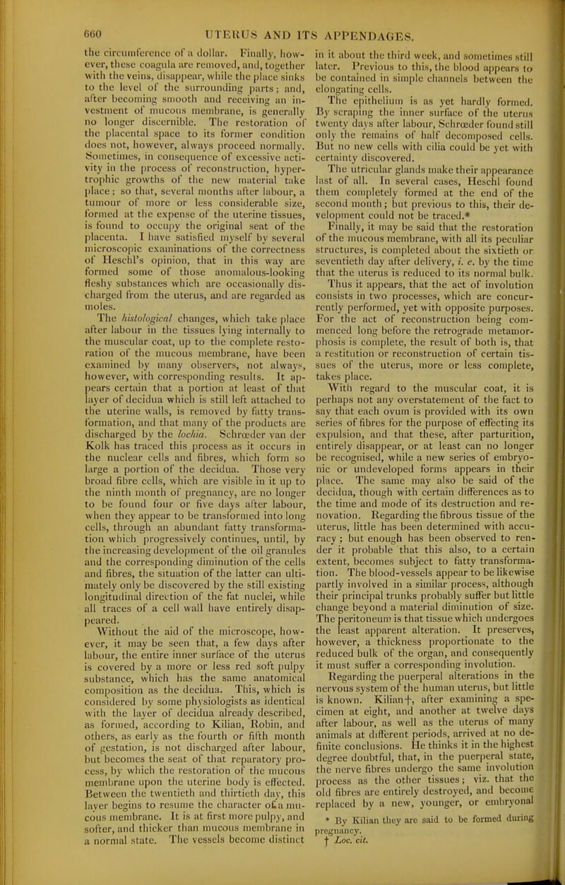 the circumference of a dollar. Finally, how- ever, these coagula are removed, and, together with the veins, disappear, while the j)lace sinks to the level of the surrounding |)arts; and, after becoming smooth and receiving an in- vestment of mucous membrane, is generally no longer discernible. The restoration of the placental space to its former condition tloes not, however, always proceed normally. Sometimes, in consequence of excessive acti- vity in the process of reconstruction, hyper- trophic growths of the new material take place; so that, several months after labour, a tumour of more or less considerable size, formed at the expense of the uterine tissues, is found to occupy the original seat of the placenta. I have satisfied myself by several microscopic examinations of the correctness of Heschl's opinion, that in this way are formed some of those anomalous-looking fleshy substances which are occasionally dis- charged from the uterus, and are regarded as moles. The hbitological changes, which take place after labour in the tissues lying internally to the muscular coat, up to the complete resto- ration of the mucous membrane, have been examined by many observers, not always, however, with corresponding results. It ap- pears certain that a portion at least of that layer of decidua which is still left attached to the uterine walls, is removed by fatty trans- formation, and that many of the products arc discharged by the lochia. Schroeder van der Kolk has traced this process as it occurs in the nuclear cells and fibres, which form so large a portion of the decidua. Those very broad fibre cells, which are visible in it up to the ninth month of pregnancy, are no longer to be found four or five days after labour, when they appear to be transformed into long cells, through an abundant fatty transforma- tion which progressively continues, until, by the increasing development of the oil granules and the corresponding diminution of the cells and fibres, the situation of the latter can ulti- mately only be discovered by the still existing longitudinal direction of the fat nuclei, while all traces of a cell wall have entirely disap- peared. Without the aid of the microscope, how- ever, it may be seen that, a few days after labour, the entire inner surface of the uterus is covered by a more or less red soft pulpy substance, which has the same anatomical composition as the decidua. This, which is consiilered by some physiologists as identical with the layer of decidua already described, as formed, according to Kilian, Robin, and others, as early as the fourth or fifth month of gestation, is not discharged after labour, but becomes the seat of that reparatory pro- cess, by which the restoration of the mucous membrane upon the uterine body is effected. Between the twentieth and thirtieth day, this layer begins to resume the character o£a mu- cous membrane. It is at first more pulpy, and softer, and thicker than mucous membrane in a normal state. The vessels become distinct in it about the third week, and sometimes still later. Previous to this, the blood appears to be contained in simple channels between the elongating cells. The epithelium is as yet hardly formed. By scrapuig the inner surface of the uterus twenty days after labour, Schroeder found still only the remains of half decomposed cells. But no new cells with cilia could be yet with certainty discovered. The utricular glands make their appearance last of all. In several cases, Heschl found them completely formed at the end of the second month; but previous to this, their de- velopment could not be traced.* Finally, it may be said that the restoration of the mucous membrane, with all its peculiar structures, is completed about the sixtieth or seventieth day after delivery, i. e. by the time that the uterus is reduced to its normal bulk. Thus it appears, that the act of involution consists in two processes, which are concur- rently performed, yet with opposite purposes. For the act of reconstruction being com- menced long before the retrograde metamor- phosis is complete, the result of both is, that a restitution or reconstruction of certain tis- sues of the uterus, more or less complete, takes place. Witii regard to the muscular coat, it is perhaps not any overstatement of the fact to say that each ovum is provided with its own series of fibres for the purpose of effecting its expulsion, and that these, after parturition, entirely disappear, or at least can no longer be recognised, while a new series of embryo- nic or undeveloped forms appears in their place. The same may also be said of the decidua, though with certain differences as to the time and mode of its destruction and re- novation. Regarding the fibrous tissue of the uterus, little has been determined with accu- racy ; but enough has been observed to ren- der it probable that this also, to a certain extent, becomes subject to fatty transforma- tion. The blood-vessels appear to be likewise partly involved in a similar process, although their principal trunks probably suffer but little change beyond a material diminution of size. The peritoneum is that tissue which undergoes the least apparent alteration. It preserves, however, a thickness proportionate to the reduced bulk of the organ, and consequently it must suffer a corresponding involution. Regarding the puerperal alterations in the nervous system of the human uterus, but little is known. Kilian f, after examining a spe- cimen at eight, and another at twelve days after labour, as well as the uterus of many animals at diffiirent periods, arrived at no de- finite conclusions. He thinks it in the highest degree doubtful, that, in the puerperal state, the nerve fibres undergo the same involution process as the other tissues; viz. that the old fibres are entirely destroyed, and become replaced by a new, younger, or embryonal * By Kilian they are said to be formed during pregnancy, f Loc, cil.