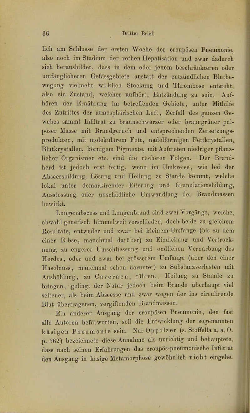 lieh am Schlüsse der ersten Woche der croupösen Pneumonie, also noch im Stadium der rothen Hepatisation und zwar dadurch sich herausbildet, dass in dem oder jenem beschränkteren oder umfänglicheren Gefässgebiete anstatt der entzündlichen Blutbe- wegung vielmehr wirklich Stockung und Thrombose entsteht, also ein Zustand, welcher aufhört, Entzündung zu sein. Auf- hören der Ernährung im betroffenden Gebiete, unter Mithilfe des Zutrittes der atmosphärischen Luft, Zerfall des ganzen Ge- webes sammt Infiltrat zu braunschwarzer oder braungrüner pul- pöser Masse mit Brandgeruch und entsprechenden Zersetzungs- produkten, mit molekulärem Fett, nadelförniigen Fettkrystallen, Blutkrystallen, körnigem Pigmente, mit Auftreten niedriger pflanz- licher Organismen etc. sind die nächsten Folgen. Der Brand- herd ist jedoch erst fertig, wenn im Umkreise, wie bei der Abscessbildung, Lösung und Heilung zu Stande kömmt, welche lokal unter dcmarkirender Eiterung und Granulationsbildung, Ausstossung oder unschädliche Umwandlung der Brandmassen bewirkt. Lungenabscess und Lungenbrand sind zwei Yorgänge, welche, obwohl genetisch himmelweit verschieden, doch beide zu gleichem Resultate, entweder und zwar bei kleinem Umfange (bis zu dem einer Erbse, manchmal darüber) zu Eindickung und Vertrock- nung, zu engerer Umschliessung und endlichen Yernarbung des Herdes, oder und zwar bei grösserem Umfange (über den einer Haselnuss, manchmal schon darunter) zu Substanzverlusten mit Aushöhlung, zu Cavernen, führen.. Heilung zu Stande zu bringen, gelingt der Natur jedoch beim Brande überhaupt viel seltener, als beim Abscesse und zwar wegen der ins circulirende Blut übertragenen, vergiftenden Brandmassen, Ein anderer Ausgang der croupösen Pneumonie, den fast alle Autoren befürworten, soll die Entwicklung der sogenannten käsigen Pneumonie sein. NurOppolzer (s. Stoffella a. a. 0. p. 562) bezeichnete diese Annahme als unrichtig und behauptete, dass nach seinen Erfahrungen das croupös-pneumonische Infiltrat den Ausgang in käsige Metamorphose gewöhnlich nicht eingehe.