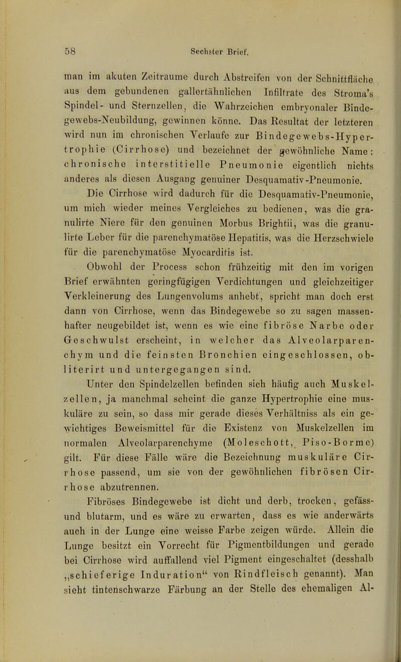 man im akuten Zeiträume durch Abstreifen von der Schnittfläche aus dem gebundenen gallertähnlichen Infiltrate des Stroma's Spindel- und Sternzellen, die Wahrzeichen embryonaler Binde- gewebs-Neubildung, gewinnen könne. Das Resultat der letzteren wird nun im chronischen Verlaufe zur Bindegewebs-Hyper- trophie (Cirrhose) und bezeichnet der gewöhnliche Name: chronische interstitielle Pneumonie eigentlich nichts anderes als diesen Ausgang genuiner Desquamativ-Pneumonie. Die Cirrhose wird dadurch für die Desquamativ-Pneumonie, um mich wieder meines Vergleiches zu bedienen, was die gra- nulirte Niere für den genuinen Morbus Brightii, was die granu- lirte Leber für die parenchymatöse Hepatitis, was die Herzschwiele für die parenchymatöse Myocarditis ist. Obwohl der Process schon frühzeitig mit den im vorigen Brief erwähnten geringfügigen Verdichtungen und gleichzeitiger Verkleinerung des Lungenvolums anhebt, spricht man doch erst dann von Cirrhose, wenn das Bindegewebe so zu sagen massen- hafter neugebildet ist, wenn es wie eine fibröse Narbe oder Geschwulst erscheint, in welcher das Alveolarparen- chym und die feinsten Bronchien eingeschlossen, ob- literirt und untergegangen sind. Unter den Spindelzellen befinden sich häutig auch Muskel- zellen, ja manchmal scheint die ganze Hypertrophie eine mus- kuläre zu sein, so dass mir gerade dieses Verhältniss als ein ge- wichtiges Beweismittel für die Existenz von Muskelzellen im normalen Alveolarparenchyme (Moleschott, Piso-Borme) gilt. Für diese Fälle wäre die Bezeichnung muskuläre Cir- rhose passend, um sie von der gewöhnlichen fibrösen Cir- rhose abzutrennen. Fibröses Bindegewebe ist dicht und derb, trocken, gefäss- und blutarm, und es wäre zu erwarten, dass es wie anderwärts auch in der Lunge eine weisse Farbe zeigen würde. Allein die Lunge besitzt ein Vorrecht für Pigmcntbildungen und gerade bei Cirrhose wird auffallend viel Pigment eingeschaltet (desshalb „schieferige Induration von Rindfleisch genannt). Man sieht tintenschwarze Färbung an der Stelle des ehemaligen AI-