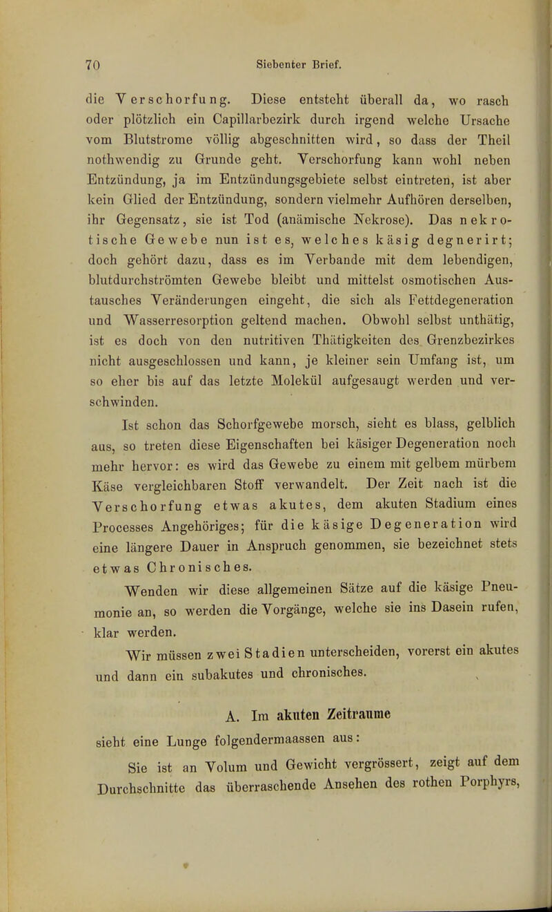 die Verschorfung. Diese entsteht überall da, wo rasch oder plötzlich ein Capillarbezirk durch irgend welche Ursache vom Blutstrome völlig abgeschnitten wird, so dass der Theil nothwendig zu Grunde geht. Verschorfung kann wohl neben Entzündung, ja im Entzündungsgebiete selbst eintreten, ist aber kein Glied der Entzündung, sondern vielmehr Aufhören derselben, ihr Gegensatz, sie ist Tod (anämische Nekrose). Das nekro- tische Gewebe nun ist es, welches käsig degnerirt; doch gehört dazu, dass es im Verbände mit dem lebendigen, blutdurchströmten Gewebe bleibt und mittelst osmotischen Aus- tausches Yeränderungen eingeht, die sich als Fettdegeneration und Wasserresorption geltend machen. Obwohl selbst unthätig, ist es doch von den nutritiven Thätigkeiten des Grenzbezirkes nicht ausgeschlossen und kann, je kleiner sein Umfang ist, um so eher bis auf das letzte Molekül aufgesaugt werden und ver- schwinden. Ist schon das Schorfgewebe morsch, sieht es blass, gelblich aus, so treten diese Eigenschaften bei käsiger Degeneration noch mehr hervor: es wird das Gewebe zu einem mit gelbem mürbem Käse vergleichbaren Stoff verwandelt. Der Zeit nach ist die Verschorfung etwas akutes, dem akuten Stadium eines Processes Angehöriges; für die käsige Degeneration wird eine längere Dauer in Anspruch genommen, sie bezeichnet stets etwas Chronisches. Wenden wir diese allgemeinen Sätze auf die käsige Pneu- monie an, so werden die Vorgänge, welche sie ins Dasein rufen, - klar werden. Wir müssen zwei Stadien unterscheiden, vorerst ein akutes und dann ein subakutes und chronisches. A. Im akuten Zeiträume sieht eine Lunge folgendermaassen aus: Sie ist an Volum und Gewicht vergrössert, zeigt auf dem Durchschnitte das überraschende Ansehen des rothen Porphyrs,