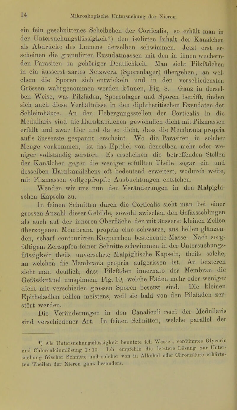 ein fein geschnittenes Sclieibchen der Corticalis, so erhält man in der Untersuchungsflüssigkeit-''-) den isolirteu Inhalt der Kanälchen als Abdrücke des Lumens derselben schwimmen. Jetzt erst er- scheinen die granulirten Exsudatmassen mit den in ihnen wuchern- den Parasiten in gehöriger Deutlichkeit. Man sieht Pilzladchen in ein äusserst zartes Netzwerk (Sporenlagor) übergehen, an wel- chem die Sporen sich entwickeln und in den verschiedensten Grössen wahrgenommen werden können, Fig. 8. Ganz in dersel- ben Weise, was Pilzfäden, Sporenlager und Sporen betrifft, finden sich auch diese Verhältnisse in den diphtheritischen Exsudaten der Schleimhäute. An den Uebergangsstellen der Corticalis in die McduUaris sind die Harnkanälchen gewöhnlich dicht mit Pilzmasseu erfüllt und zwai hier und da so dicht, dass die Membrana propria auf's äusserste gespannt erscheint. Wo die Parasiten in solcher Menge vorkommen, ist das Epithel von denselben mehr oder we- niger vollständig zerstört. Es erscheinen die betreffenden Stellen der Kanälchen gegen die weniger erfüllten Theile sogar ein und desselben Harnkanälchens oft bedeutend erweitert, wodm'ch weite, mit Pilzmassen vollgepfropfte Ausbuchtungen entstehen. Wenden wir uns nun den Veränderungen in den Malpighi- schen Kapseln zu. In feinen Schnitten durch die Corticalis sieht man bei einer grossen Anzahl dieser Gebilde, sowohl zwischen den Gefässschlingen als auch auf der inneren Obei-fläche der mit äusserst kleinen Zellen überzogenen Membrana propria eine schwarze, aus hellen glänzen den, scharf contourirten Körperchen bestehende Masse. Nach sorg- fältigem Zerzupfen feiner Schnitte schwimmen in der üntersuchungs- flüssigkeit theils unversehrte Malpighische Kapseln, theils solche, an welchen die Membrana propria aufgerissen ist. An letzteren sieht man deutlich, dass Pilzfäden innerhalb der Membran die Gefässknäuel umspinnen, Fig. 10, welche Fäden mehr oder weniger dicht mit verschieden grossen Sporen besetzt sind. Die kleinen Epithelzellen fehlen meistens, weil sie bald von den Pilzföden zer- stört werden. Die Veränderungen in den Canaliculi recti der Medullaris sind verschiedener Art. In feinen Schnitten, welche parallel der *) Als Untersuchungsflüssigkeit benutzte ich Wasser, verdünntes Glyceriii und Chlorcalciumlösung 1: 10. Ich empfehle die, letztere Lösung zur Unter- suchung frischer Schnitte und solcher von in Alkohol oder Chronisiiure erhärte- ten Tlieilcn der Nieren ganz besonders.