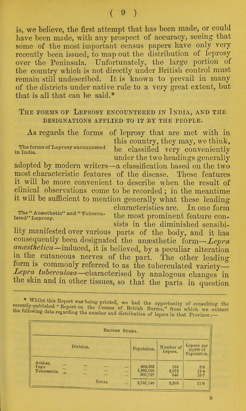 is, we believe, the first attempt that has been made, or could have been made, with any prospect of accuracy, seeing that some of the most important census papers have only very recently been issued, to map out the distribution of leprosy over the Peninsula. Unfortunately, the large portion of the country which is not directly under British control must remain still undescribed. It is known to prevail in many of the districts under native rule to a very great extent, but that is all that can be said.* The forms of Leprosy encountered in India, and the designations applied to it by the people. As regards the forms of leprosy that are met with in this country, they may, we think, iJin^^a!'°''°^^^''°'''^''°°''''*°'^'^ tie classified very conveniently under the two headings generally adopted by modern writers—a classification based on the two most characteristic features of the disease. These features it will be more convenient to describe when the result of clinical observations come to be recorded; in the meantime it will be sufficient to mention generally what these leading characteristics are. In one form laid'ifeprosr'°  ^hc most prominent feature con- sists in the diminished sensibi- lity manifested over various parts of the body, and it has consequently been designated the angesthetic form-^iepra ancBsthetica ^iRduced, it is believed, by a peculiar alteration in the cutaneous nerves of the part. The other leading form is commonly referred to as the tuberculated variety— Lepra tuberculosa—charsicteTised by analogous changes in the skin and in other tissues, so that the parts in question recentlJ^ihlfi . ^^ opportunity of consulting the the toUowing data regarding the number and distribution of lepers in that Province:- Bhitish Buema. Division. Arakan FeRu Tenasserim Total Population. 484,362 1,662,068 600,727 2,747,148 Number of Lepers. 186 2,072 046 3,203 Lepers per 10,000 of Population. 3-8 12-4 157 ire B