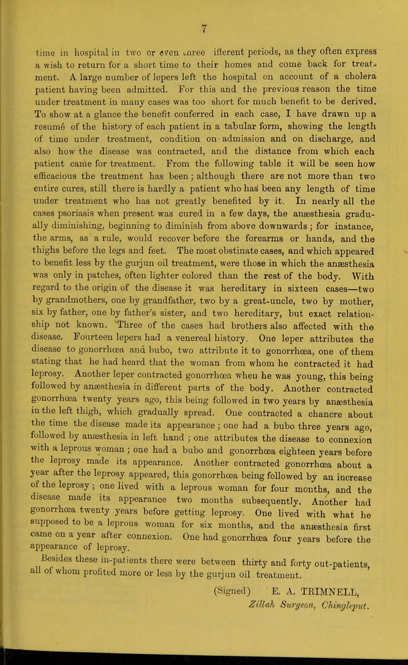 time in hospital in two or is^'eu tnree ifferent peHods, as they often express a wish to return for a short time to their homes and come back for treat- ment. A large number of lepers left the hospital on account of a cholera patient having been admitted. For this and the previous reason the time under treatment in many cases was too short for much benefit to be derived. To show at a glance the benefit conferred in each case, I have drawn up a resume of the history of each patient in a tabular form, showing the length of time under treatment, condition on admission and on discharge, and also how the disease was conti-acted, and the distance from which each patient came for treatment. From the following table it will be seen how efficacious the treatment has been; although there are not more than two entire cures, still there is hardly a patient who ha^ been any length of time under treatment who has not greatly benefited by it. In nearly all the cases psoriasis when present was cui-ed in a few days, the anaesthesia gradu- ally diminishing, beginning to diminish from above downwards ; for instance, the arms, as a rule, would recover before the forearms or hands, and the thighs before the legs and feet. The most obstinate cases, and which appeared to benefit less by the gurjun oil treatment, were those in which the anaesthesia was only in patches, often lighter colored than the rest of the body. With regard to the origin of the disease it was hereditary in sixteen cases—two by gi-andmothers, one by grandfather, two by a great-uncle, two by mother, six by father, one by father's sister, and two hereditary, but exact relation- ship not linown. Three of the cases had brothers also affected -with the disease. Fourteen lepers had a venereal history. One leper attributes the disease to gonorrhoea and bubo, two attribute it to gonorrhoea, one of them stating that he had heard that the woman from whom he contracted it had leprosy. Another leper contracted gonorrhoea when he was young, this being followed by anaesthesia in difierent parts of the body. Another contracted gonoiThoea twenty years ago, this being followed in two years by anaesthesia in the left thigh, which gi-adually spread. One contracted a chancre about the time the disease made its appearance; one had a bubo three years ago, followed by anaesthesia in left hand ; one attributes the disease to connexion with a leprous woman ; one had a bubo and gonorrhoea eighteen years before the leprosy made its appearance. Another contracted gonorrhoea about a year after the leprosy appeared, this gonorrhoea being followed by an increase of the leprosy ; one lived with a leprous woman for four months, and the disease made its appearance two months subsequently. Another had gonon-hoea twenty years before getting leprosy. One lived with what he supposed to be a leprous woman for six months, and the anaesthesia first came on a year after connexion. One had gonorrhoea four years before the appearance of leprosy. Besides these in-patients there were between thirty and forty out-patients, all of whom profited more or less by the gurjun oil treatment. (Signed) E. A. TRIMNELL, Zillah Surgeon, CUnghimt.
