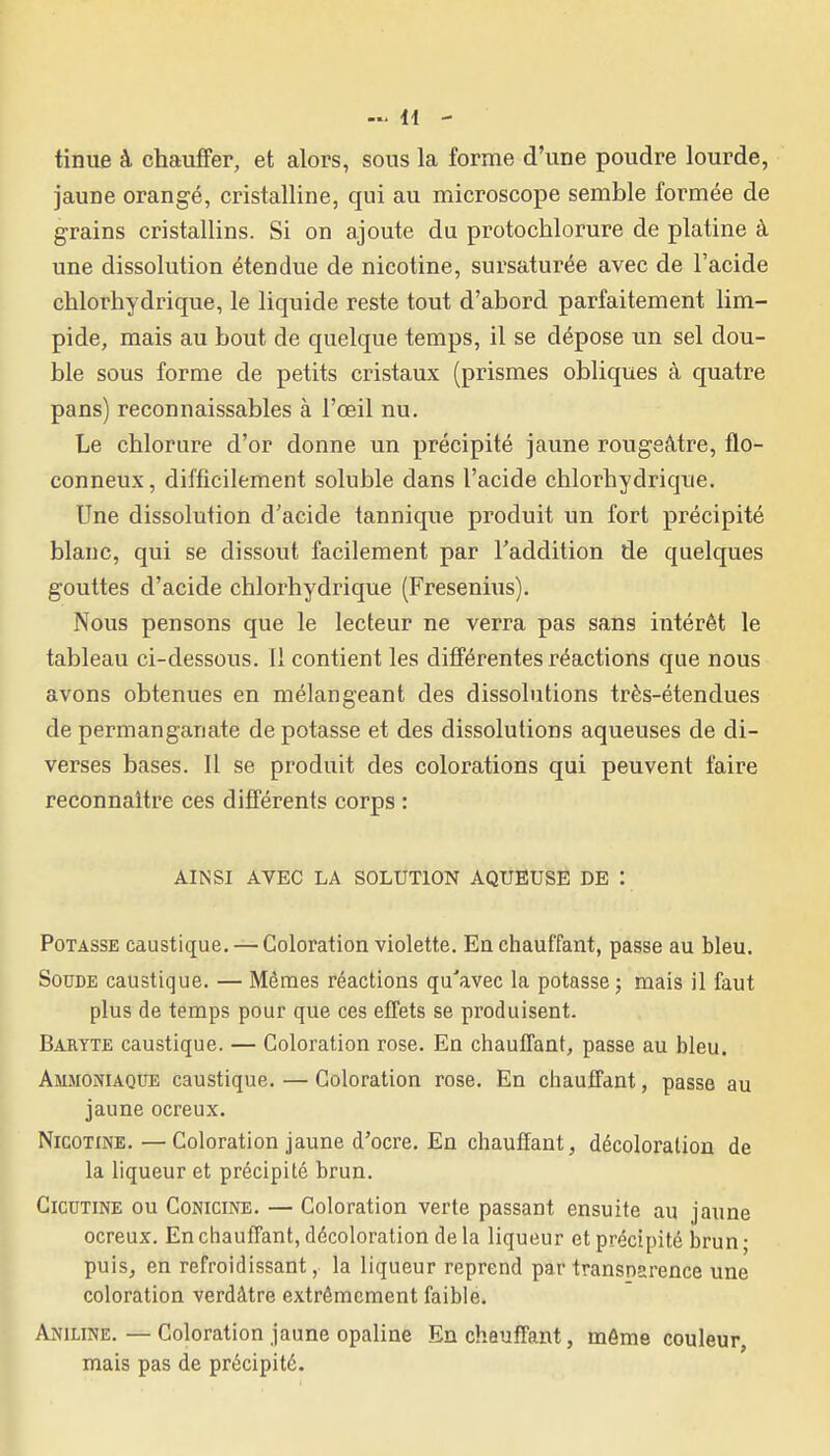 ... u - tinue à chauffer, et alors, sous la forme d'une poudre lourde, jaune orangé, cristalline, qui au microscope semble formée de grains cristallins. Si on ajoute du protochlorure de platine à une dissolution étendue de nicotine, sursaturée avec de l'acide chlorhydrique, le liquide reste tout d'abord parfaitement lim- pide, mais au bout de quelque temps, il se dépose un sel dou- ble sous forme de petits cristaux (prismes obliques à quatre pans) reconnaissables à l'œil nu. Le chlorure d'or donne un précipité jaune rougeâtre, flo- conneux, difficilement soluble dans l'acide chlorhydrique. Une dissolution d'acide tannique produit un fort précipité blanc, qui se dissout facilement par l'addition de quelques gouttes d'acide chlorhydrique (Fresenius). Nous pensons que le lecteur ne verra pas sans intérêt le tableau ci-dessous. 11 contient les différentes réactions que nous avons obtenues en mélangeant des dissolutions très-étendues de permanganate de potasse et des dissolutions aqueuses de di- verses bases. Il se produit des colorations qui peuvent faire reconnaître ces différents corps : AINSI AVEC LA SOLUTION AQUËUSE DE : Potasse caustique. — Coloration violette. En chauffant, passe au bleu. Soude caustique. — Mêmes réactions qu'avec la potasse; mais il faut plus de temps pour que ces effets se produisent. Baryte caustique. — Coloration rose. En chauffant, passe au bleu. Ammoniaque caustique. — Coloration rose. En chauffant, passe au jaune ocreux. Nicotine. —• Coloration jaune d'ocre. En chauffant, décoloration de la liqueur et précipité brun. CicuTiNE ou CoNiciNE. — Goloration verte passant ensuite au jaune ocreux. En chauffant, décoloration de la liqueur et précipité brun; puis, en refroidissant, la liqueur reprend par transnarence une coloration verdâtre extrêmement faible. Aniline. — Goloration jaune opaline En chauffant, môme couleur, mais pas de précipité.