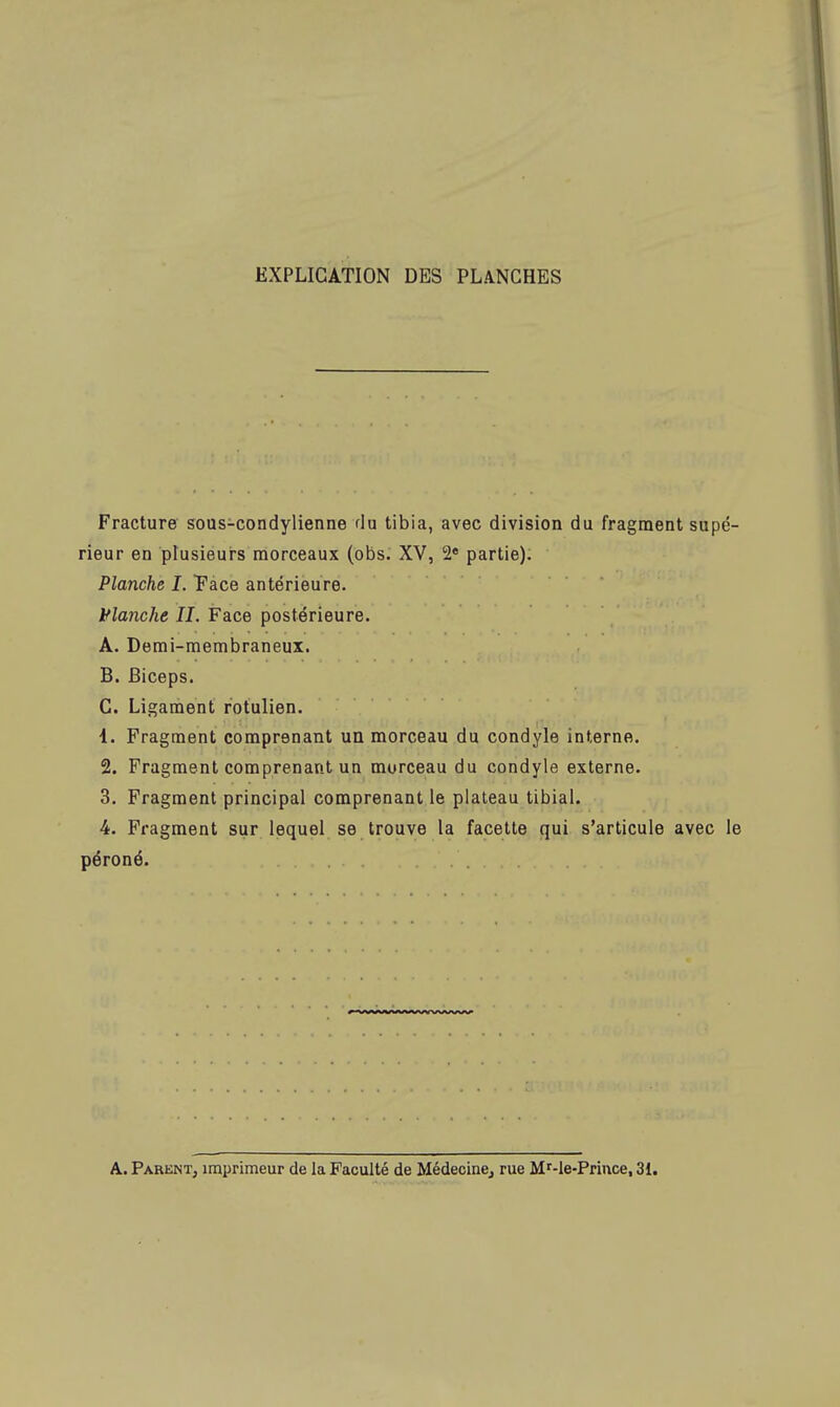 EXPLICATION DES PLANCHES Fracture sous-condylienne du tibia, avec division du fragment supé- rieur en plusieurs morceaux (obs. XV, 2e partie): Planche I. Face antérieure. Flanche II. Face postérieure. A. Demi-membraneui. B. Biceps. C. Ligament rotulien. 1. Fragment comprenant un morceau du condyle interne. 2. Fragment comprenant un morceau du condyle externe. 3. Fragment principal comprenant le plateau tibial. 4. Fragment sur lequel se trouve la facette qui s'articule avec le péroné. A. Parent, imprimeur de la Faculté de Médecine, rue Mr-le-Prince, 3i.