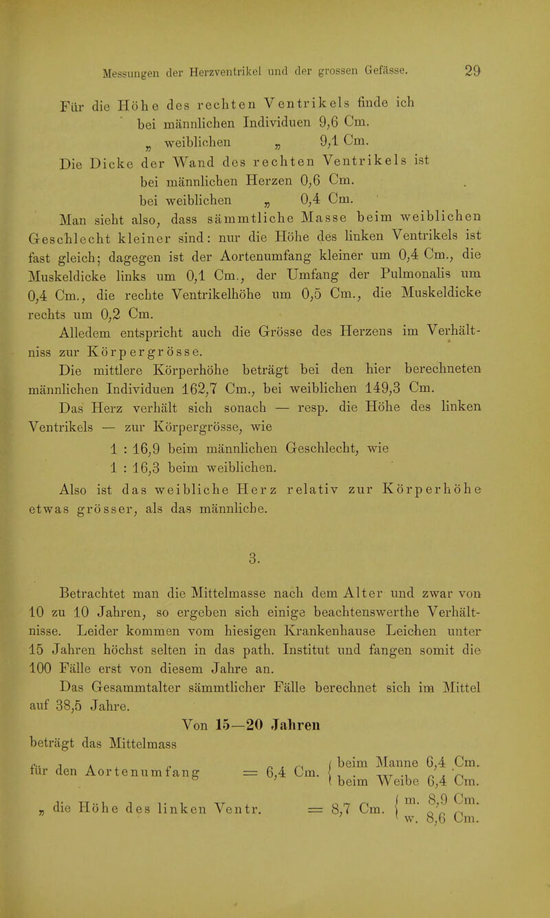 Für die Höhe des rechten Ventrikels finde ich bei männlichen Individuen 9;6 Cm. ^ weiblichen „ 9;1 Cm. Die Dicke der Wand des rechten Ventrikels ist bei männlichen Herzen 0,6 Cm. bei weiblichen „ 0,4 Cm. Man sieht also^ dass sämmtliche Masse beim weiblichen Gieschlecht kleiner sind: nur die Plöhe des linken Ventrikels ist fast gleich; dagegen ist der Aortenumfang kleiner um 0;4 Cm., die Muskeldicke links um 0,1 Cm., der Umfang der Pulmonalis um 0,4 Cm., die rechte Ventrikelhöhe um 0,5 Cm., die Muskeldicke rechts um 0,2 Cm. Alledem entspricht auch die Grösse des Herzens im Verhält- niss zur Körpergrösse. Die mittlere Körperhöhe beträgt hei den hier berechneten männlichen Individuen 162,7 Cm., bei weiblichen 149,3 Cm. Das Herz verhält sich sonach — resp. die Höhe des linken Venti’ikels — zur Körpergrösse, wie 1 : 16,9 beim männlichen Geschlecht, wie 1 : 16,3 beim weiblichen. Also ist das weibliche Herz relativ zur Körperhöhe etwas grösser, als das männliche. 3. Betrachtet man die Mittelmasse nach dem Alter und zwar von 10 zu 10 Jahren, so ergeben sich einige beachtenswerthe Verhält- nisse. Leider kommen vom hiesigen Krankenhause Leichen unter 15 Jahren höchst selten in das path. Institut und fangen somit die 100 Fälle erst von diesem Jahre an. Das Gesammtalter sämmtlicher Fälle berechnet sich im Mittel auf 38,5 Jahre. Von 15—20 Jahren beträgt das Mittelmass tür den Aortenumfang = 6,4 Cm. „ die H öhe des linken Ventr. = beim Manne 6,4 Cm. beim Weibe 6,4 Cm. m. 8,9 Cm. w. 8,6 Cm. 8,7 Cm.