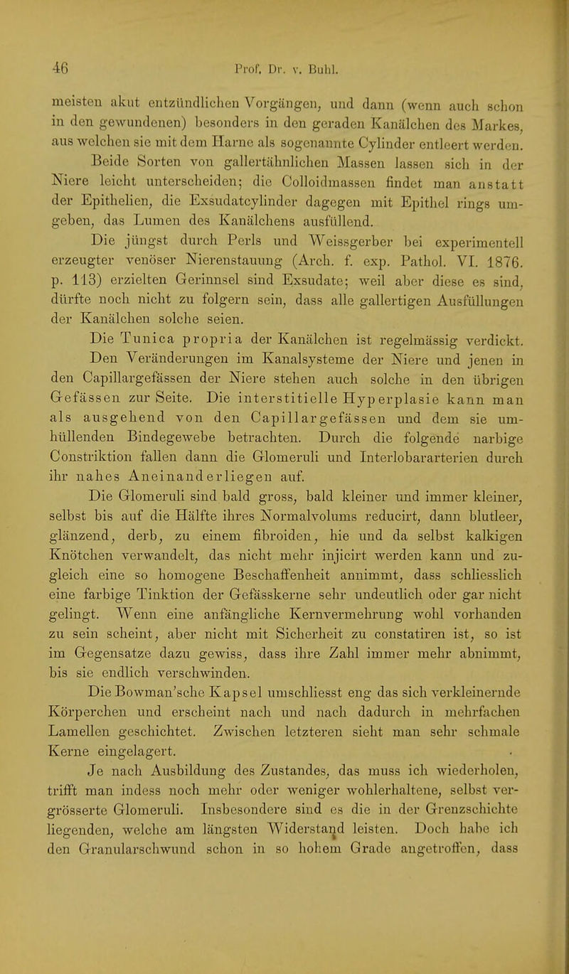 meisten akut entzündlichen Vorgängen, und dann (wenn auch schon in den gewundenen) besonders in den geraden Kanälchen des Markes, aus welchen sie mit dem Harne als sogenannte Cylinder entleert werden. Beide Sorten von gallertähnlichen Massen lassen sich in der Niere leicht unterscheiden; die Colloidmassen findet man anstatt der Epithelien, die Exsudateylinder dagegen mit Epithel rings um- geben, das Lumen des Kanälchens ausfüllend. Die jüngst durch Perls und Weissgerber bei experimentell erzeugter venöser Nierenstauung (Arch. f. exp. Pathol. VI. 1876. p. 113) erzielten Gerinnsel sind Exsudate; weil aber diese es sind, dürfte noch nicht zu folgern sein, dass alle gallertigen Ausfüllungen der Kanälchen solche seien. Die Tunica propria der Kanälchen ist regelmässig verdickt. Den Veränderungen im Kanalsysteme der Niere und jenen in den Capillargefässen der Niere stehen auch solche in den übrigen Gefässen zur Seite. Die interstitielle Hyp erplasie kann mau als ausgehend von den Capillargefässen und dem sie um- hüllenden Bindegewebe betrachten. Durch die folgende narbige Constriktion fallen dann die Glomeruli und Interlobararterien durch ihr nahes Aneinand er liegen auf. Die Glomeruli sind bald gross, bald kleiner und immer kleiner, selbst bis auf die Hälfte ihres Normalvolums reducirt, dann blutleer, glänzend, derb, zu einem fibroiden, hie und da selbst kalkigen Knötchen verwandelt, das nicht mehr injicirt werden kann und zu- gleich eine so homogene Beschaffenheit annimmt, dass schliesslich eine farbige Tinktion der Gefässkerne sehr undeutlich oder gar nicht gelingt. Wenn eine anfängliche Kernvermehrung wohl vorhanden zu sein scheint, aber nicht mit Sicherheit zu constatiren ist, so ist im Gegensätze dazu gewiss, dass ihre Zahl immer mehr abnimmt, bis sie endlich verschwinden. Die Bowman’sche Kapsel umschliesst eng das sich verkleinernde Körperchen und erscheint nach und nach dadurch in mehrfachen Lamellen geschichtet. Zwischen letzteren sieht mau sehr schmale Kerne eingelagert. Je nach Ausbildung des Zustandes, das muss ich wiederholen, trifft man indess noch mehr oder weniger wohlerhaltene, selbst ver- grösserte Glomeruli. Insbesondere sind es die in der Greuzschichte liegenden, welche am längsten Widerstaijd leisten. Doch habe ich den Granularschwund schon in so hohem Grade angetroffen, dass