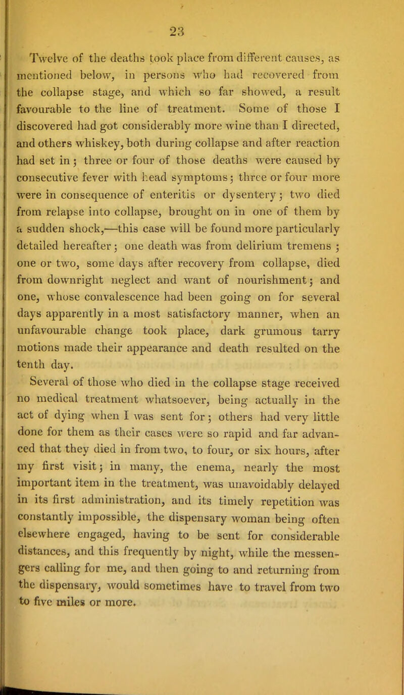 Twelve of the deaths took phice from different causes, as mentioned below, in persons who had recovered from the collapse stage, and which so far showed, a result favourable to the line of treatment. Some of those I discovered had got considerably more wine than I directed, and others whiskey, both during collapse and after reaction had set in; three or four of those deaths were caused by consecutive fever with head symptoms; three or four more were in consequence of enteritis or dysentery; two died from relapse into collapse, brought on in one of them by a sudden shock,—this case will be found more particularly detailed hereafter; one death was from delirium tremens ; one or two, some days after recovery from collapse, died from downright neglect and w^ant of nourishment; and one, whose convalescence had been going on for several days apparently in a most satisfactory manner, when an unfavourable change took place, dark grumous tarry motions made their appearance and death resulted on the tenth day. Several of those who died in the collapse stage received no medical treatment whatsoever, being actually in the act of dying when I was sent for; others had very little done for them as their cases were so rapid and far advan- ced that they died in from two, to four, or six hours, after my first visit j in many, the enema, nearly the most important item in the treatment, was unavoidably delayed in its first administration, and its timely repetition was constantly impossible, the dispensary woman being often elsewhere engaged, having to be sent for considerable distances, and this frequently by night, while the messen- gers calling for me, and then going to and returning from the dispensaiy, would sometimes have to travel from two to five miles or more.