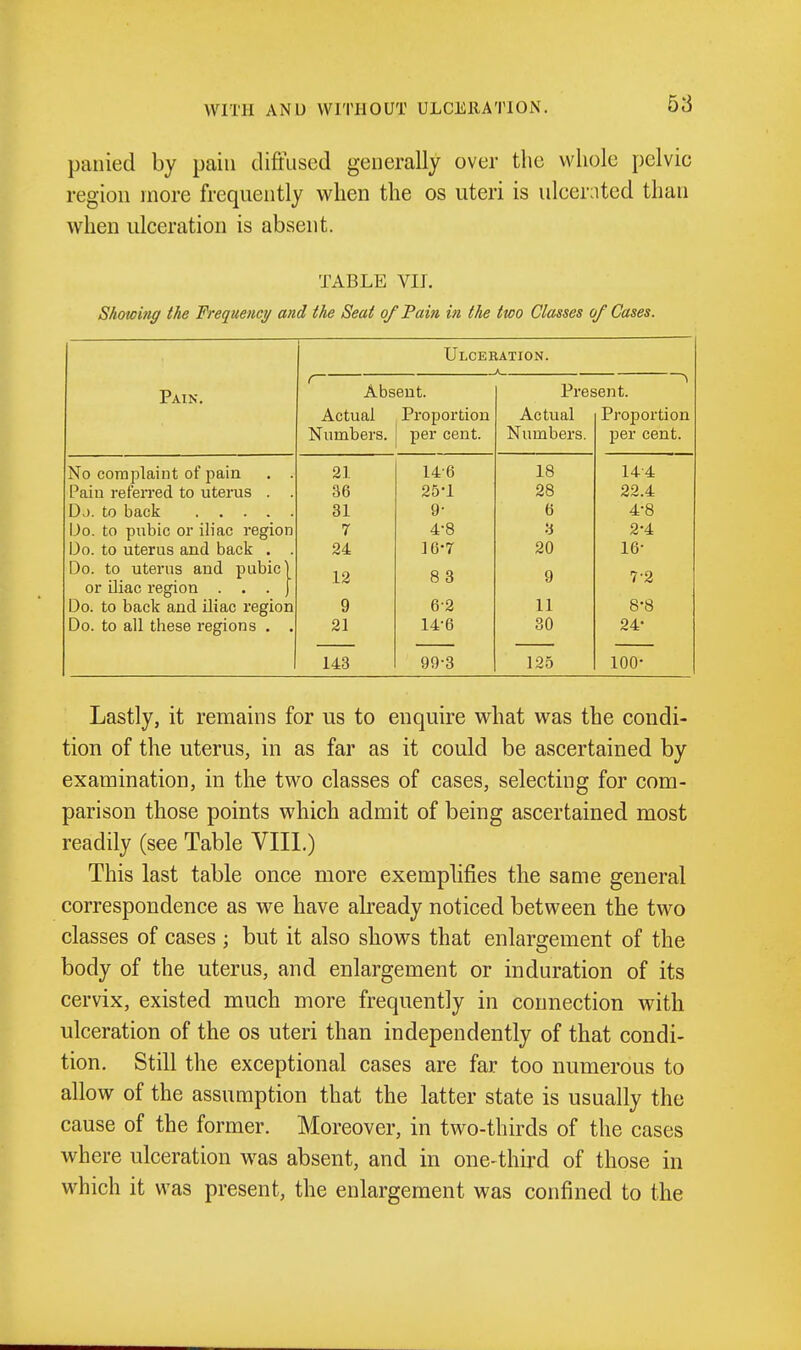 58 panied by pain diffused generally over the whole pelvic region more frequently when the os uteri is ulcerated than when ulceration is absent. TABLE VII. Showing the Frequency and the Seat of Fain in the two Classes of Cases. Ulceration. A Pain. Absent. Present. Actual Proportion Actual Proportion Numbers. per cent. Numbers. per cent. No complaint of pain 21 14-6 18 14-4 Pain referred to uterus . 36 25-1 28 22.4 31 9- 6 4-8 Do. to pubic or iliac region 7 4-8 •i 2-4 Do. to uterus and back . 24 16-7 20 16- Do. to uterus and pubic 12 8 3 9 7-2 or iliac region . . . Do. to back and iliac region 9 6-2 11 8-8 Do. to all these regions . 21 14-6 30 24- 143 99-3 125 100- Lastly, it remains for us to enquire what was the condi- tion of the uterus, in as far as it could be ascertained by examination, in the two classes of cases, selecting for com- parison those points which admit of being ascertained most readily (see Table VIII.) This last table once more exemplifies the same general correspondence as we have already noticed between the two classes of cases ; but it also shows that enlargement of the body of the uterus, and enlargement or induration of its cervix, existed much more frequently in connection with ulceration of the os uteri than independently of that condi- tion. Still the exceptional cases are far too numerous to allow of the assumption that the latter state is usually the cause of the former. Moreover, in two-thirds of the cases where ulceration was absent, and in one-third of those in which it was present, the enlargement was confined to the