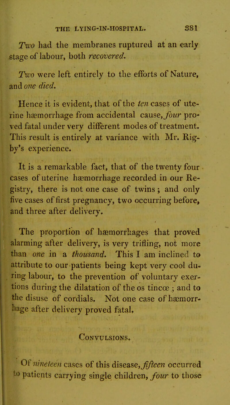 Tisoo had the membranes ruptured at an early stage of labour, both recovered. Two were left entirely to the efforts of Nature, and 07ie died. Hence it is evident, that of the ten cases of ute- rine hajmprrhage from accidental cause.^wr pro- ved fatal under very different modes of treatment. This result is entirely at variance with Mr. Rig- by*s experience. It is a remarkable fact, that of the twenty four cases of uterine haemorrhage recorded in our Re- gistry, there is not one case of twins; and only five cases of first pregnancy, two occurring before, and three after delivery. The proportion of haamorrliages that proved alarming after delivery, is very trifling, not more than one in a thousand. This I am inclined to attribute to our patients being kept very cool du- ring labour, to the prevention of voluntary exer- tions during the dilatation of the os tincoe ; and to the disuse of cordials. Not one case of haemorr- hage after delivery proved fatal. Convulsions, Oi nineteen cases of this disease, Jifteeri occurred •0 patients carrying single children, four to those