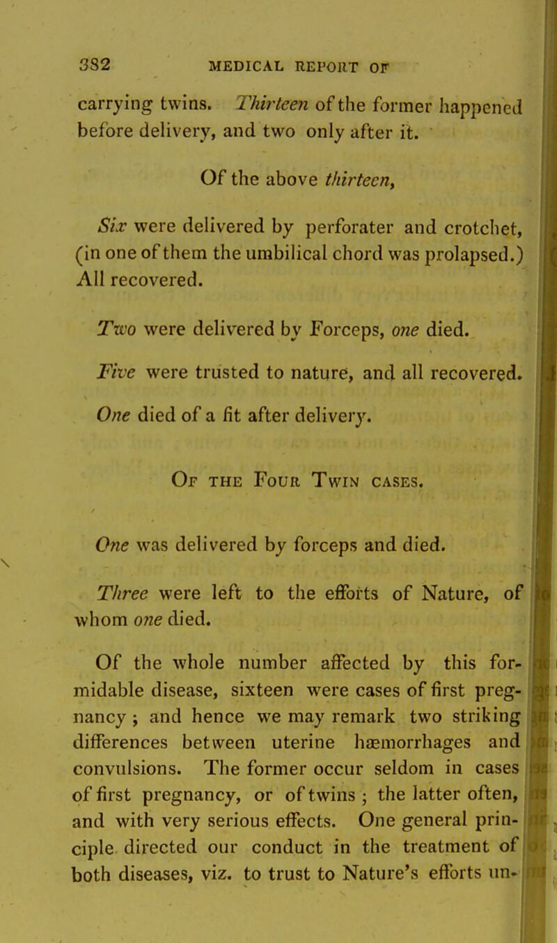 carrying twins. Thirteen of the former happened before delivery, and two only after it. Of the above thirteen, Six were delivered by perforater and crotchet, (in one of them the umbilical chord was prolapsed.) All recovered. Two were delivered by Forceps, one died. Five were trusted to nature, and all recovered. One died of a fit after delivery. Of the Four Twin cases. One was delivered by forceps and died. Three were left to the eflPorts of Nature, of whom one died. Of the whole number affected by this for- midable disease, sixteen were cases of first preg- nancy ; and hence we may remark two striking differences between uterine haemorrhages and convulsions. The former occur seldom in cases of first pregnancy, or of twins ; the latter often, and with very serious eflfects. One general prin- ciple directed our conduct in the treatment of both diseases, viz. to trust to Nature's efforts un-'