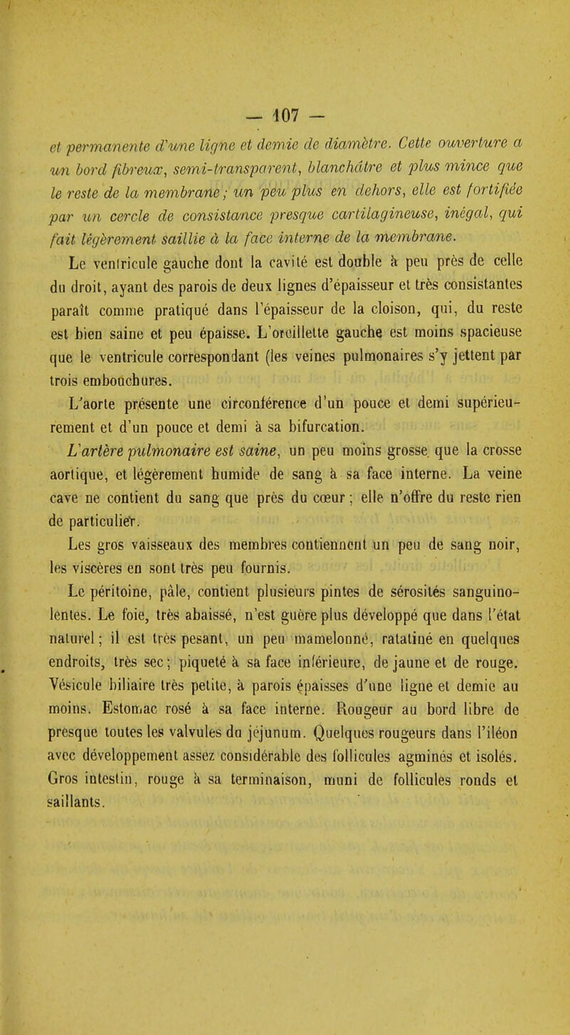 et permanente d'une ligne et demie de diamètre. Cette ouverture a un bord fibreux, semi-transparent, blanchâtre et plus mince que le reste de la membrane; un peu plus en dehors, elle est fortifiée par un cercle de consistance presque cartilagineuse, inégal, qui fait légèrement saillie à la face interne de la membrane. Le ventricule gauche dont la cavité est double a peu près de celle du droit, ayant des parois de deux lignes d'épaisseur et très consistantes paraît comme pratiqué dans l'épaisseur de la cloison, qui, du reste est bien saine et peu épaisse. L'oreillette gauche est moins spacieuse que le ventricule correspondant (les veines pulmonaires s'y jettent par trois embouchures. L'aorte présente une circonférence d'un pouce et demi supérieu- rement et d'un pouce et demi à sa bifurcation. Lartère 'pulmonaire est saine, un peu moins grosse que la crosse aortique, et légèrement humide de sang à sa face interne. La veine cave ne contient du sang que près du cœur ; elle n'offre du reste rien de particulier. Les gros vaisseaux des membres contiennent un peu de sang noir, les viscères en sont très peu fournis. Le péritoine, pâle, contient plusieurs pintes de sérosités sanguino- lentes. Le foie, très abaissé, n'est guère plus développé que dans l'état naturel; il est très pesant, un peu mamelonné, ratatiné en quelques endroits, très sec; piqueté à sa face inférieure, de jaune et de rouge. Vésicule biliaire très petite, à parois épaisses d'une ligne et demie au moins. Estomac rosé à sa face interne. Rougeur au bord libre de presque toutes les valvules da jéjunum. Quelques rougeurs dans l'iléon avec développement assez considérable des follicules agminés et isolés. Gros intestin, rouge a sa terminaison, muni de follicules ronds et saillants.